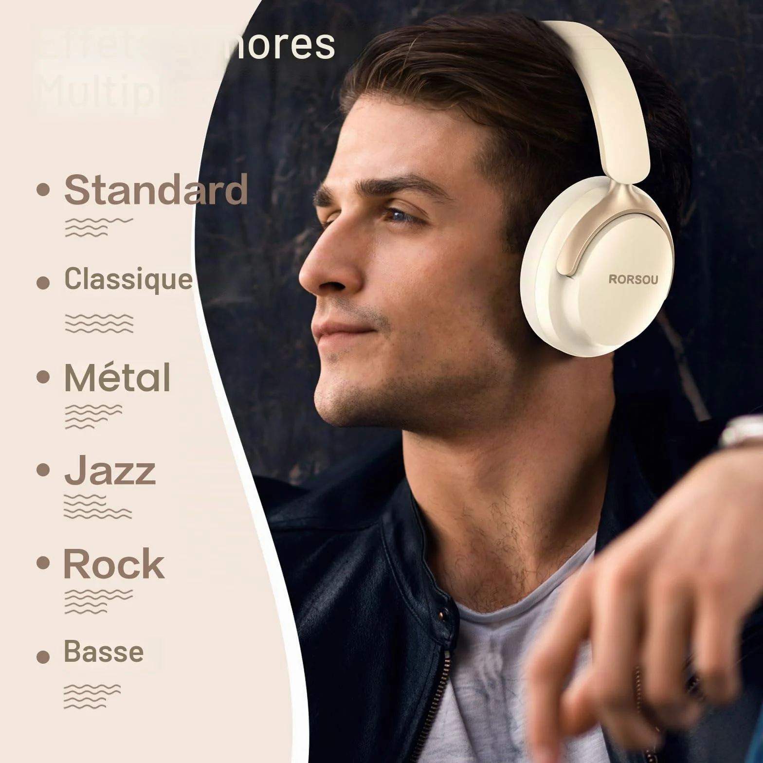 B8 Casque Bluetooth Supra-auriculaire, 6 Modes de Musique EQ et 50 Heures de Lecture, Basses Profondes, Casque sans Fil avec Micro, Casque stéréo HiFi léger et Pliable pour Beige Blanc