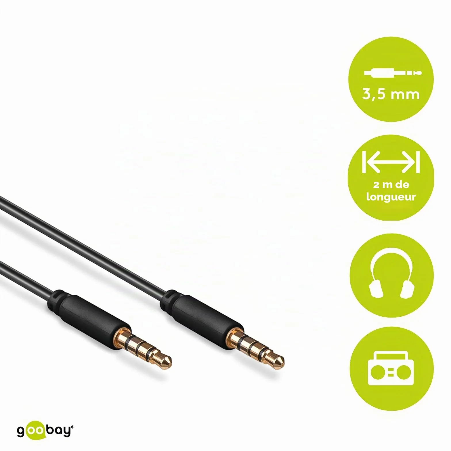 Câble de Connexion Audio AUX, 3.5 mm Stéréo, 4 Pôles, Slim, CU, 2 m Longueur de Câble