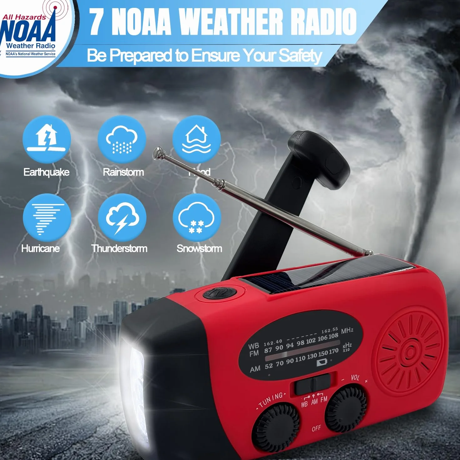 Radio Solaire Auto-alimentée 2000mAh AM/FM Portable d'Urgence à Manivelle Dynamo avec Lampe LED, Alarme SOS et Chargeur Téléphone