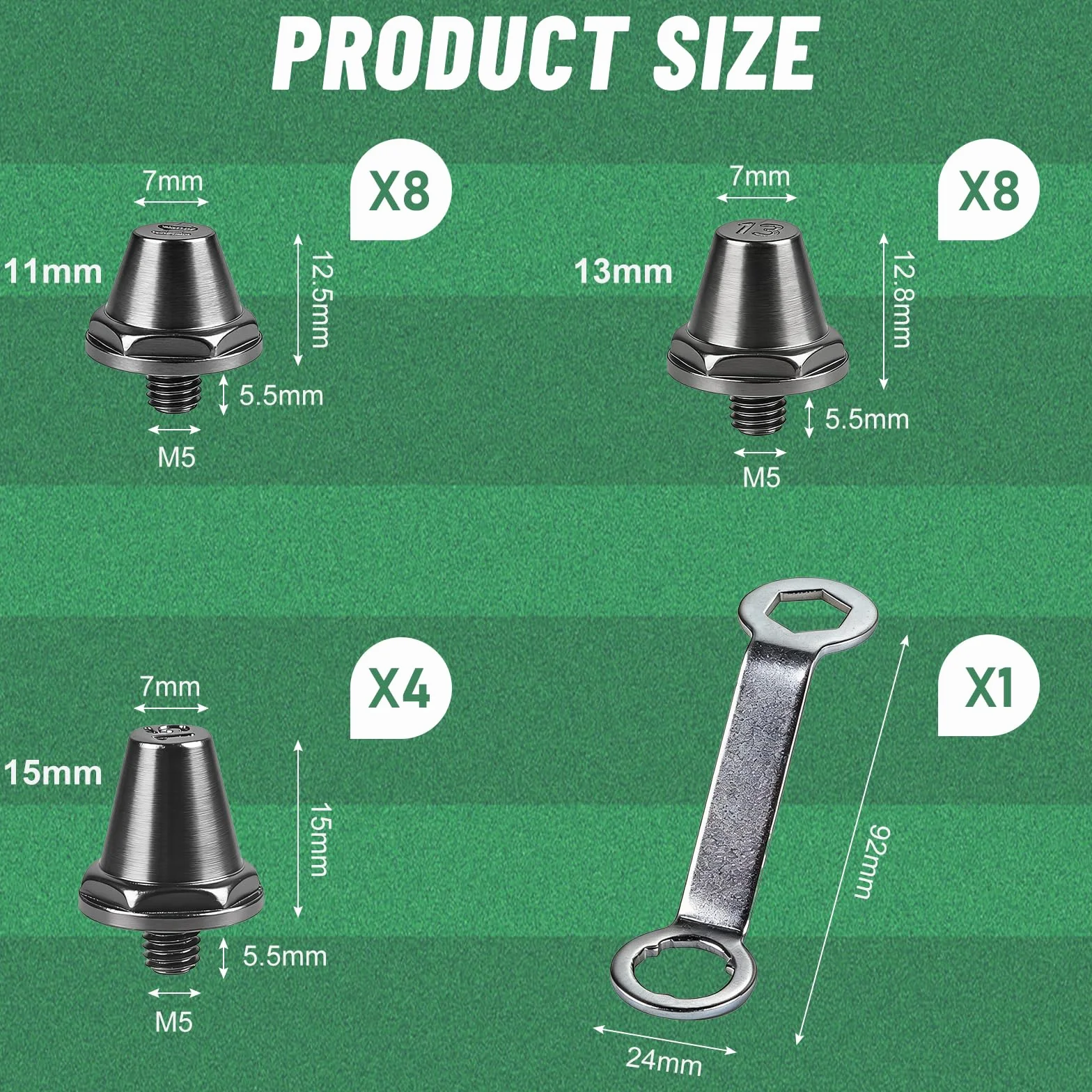 Crampons de Rechange pour Chaussure de Foot 11mm/13mm/15mm, M5 avec Clé d'Aluminium