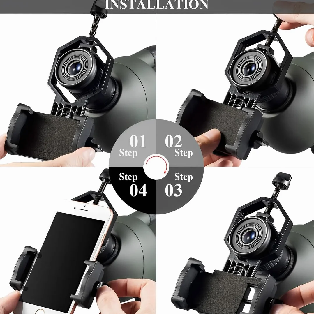 Smartphone Adaptateur Universel Digiscoping Adapter Rotatif 360° pour Jumelles, Monoculaire, Trépied, Microscope et Télescope Astronomique, pour iPhone, Samsung, Moto