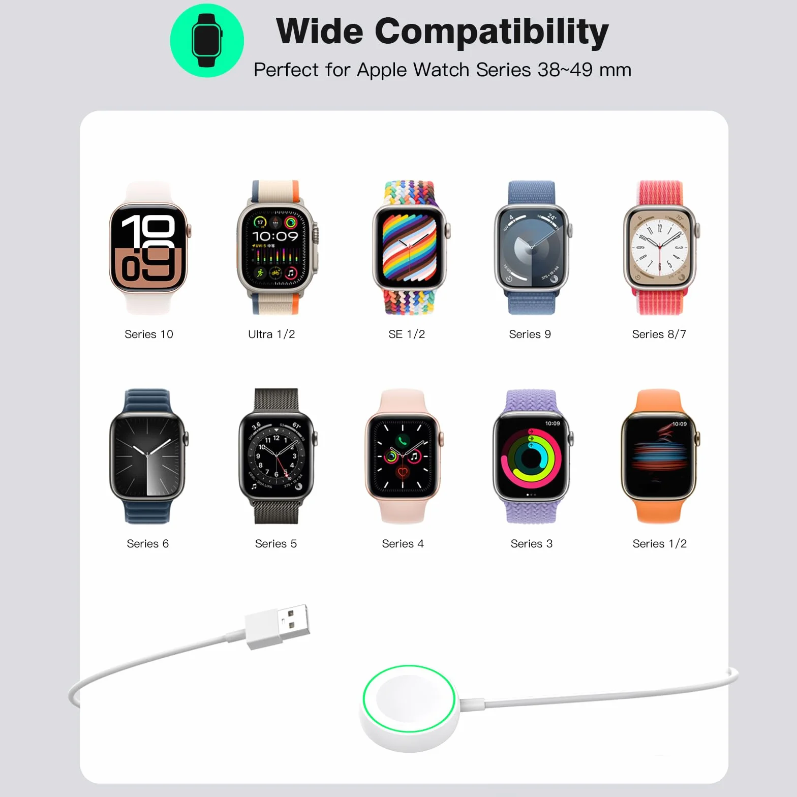 Chargeur Magnétique pour Apple Watch Series 11/10/9/8/7/6/5/4/3/SE/Ultra, Station de Chargement Rapide, Interface USB, Câble de Charge Magnétique sans Fil de 1m- Blanc