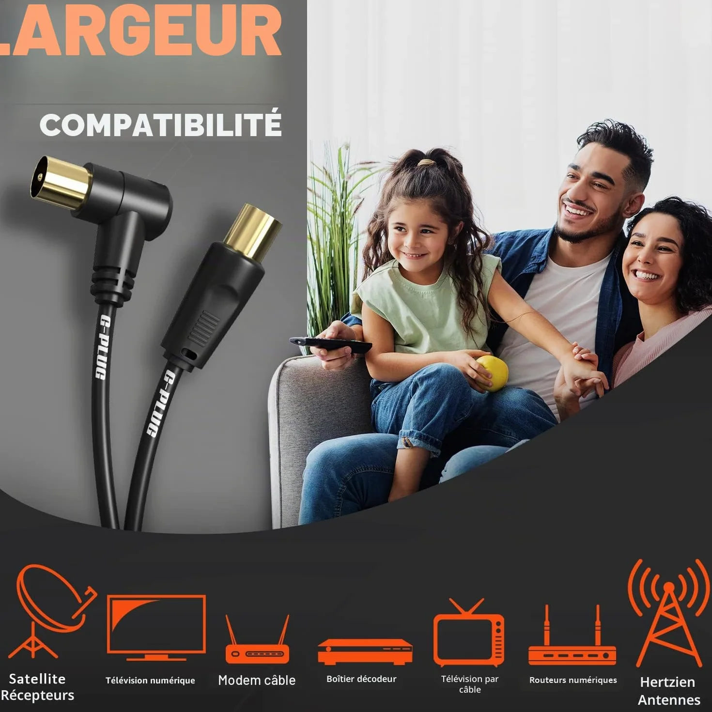 Câble d’Antenne TV 2m Angle Droit Coaxial Mâle-Mâle avec Adaptateur Connecteurs RF Plaqués Or