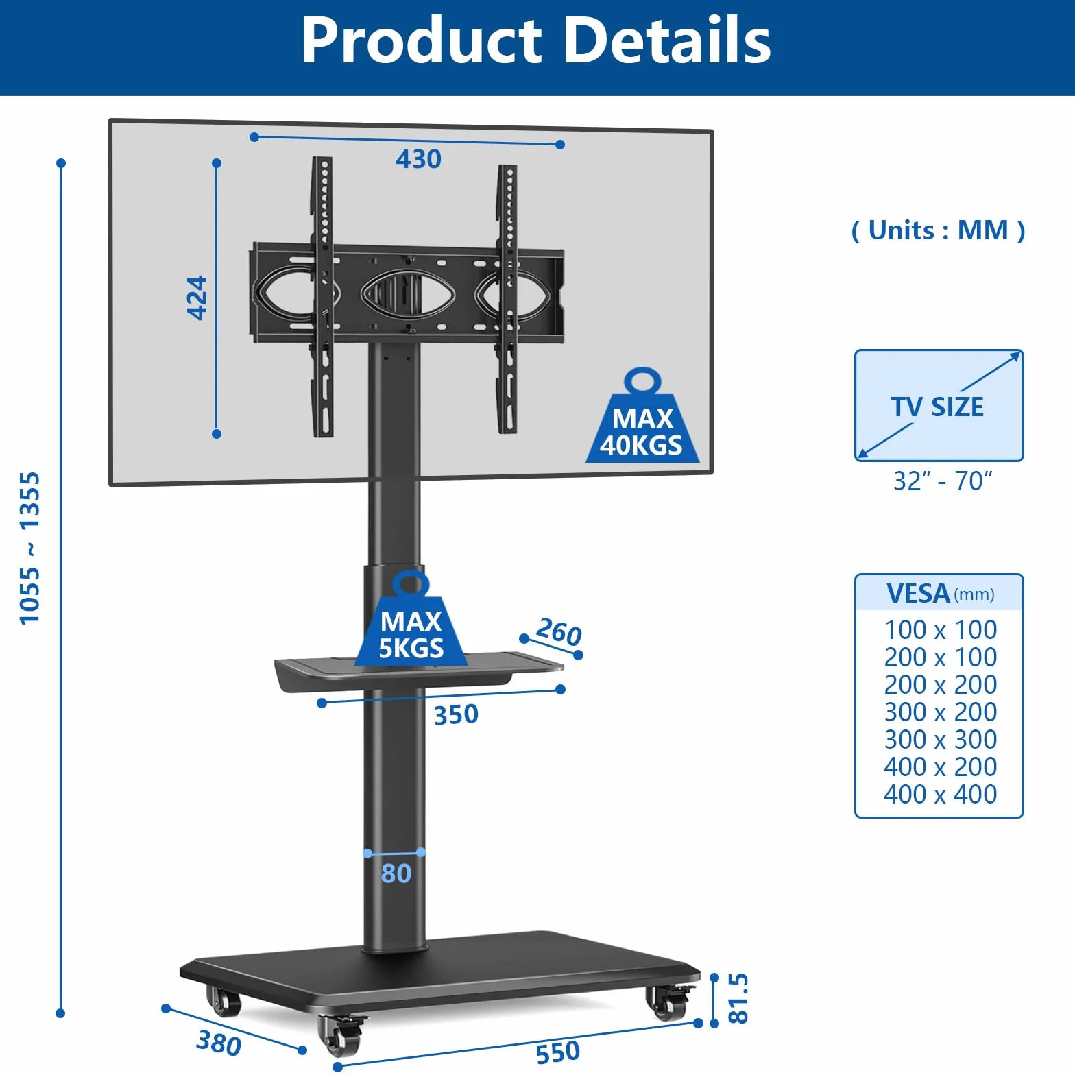 RFIVER Support TV Roulette avec Support Cantilever pour Ecran de Télé de 26 à 70 Pouces LED LCD Plasma Chariot Meuble TV Pied Universel Pivotant Réglable en Hauteur avec 2 Étagères