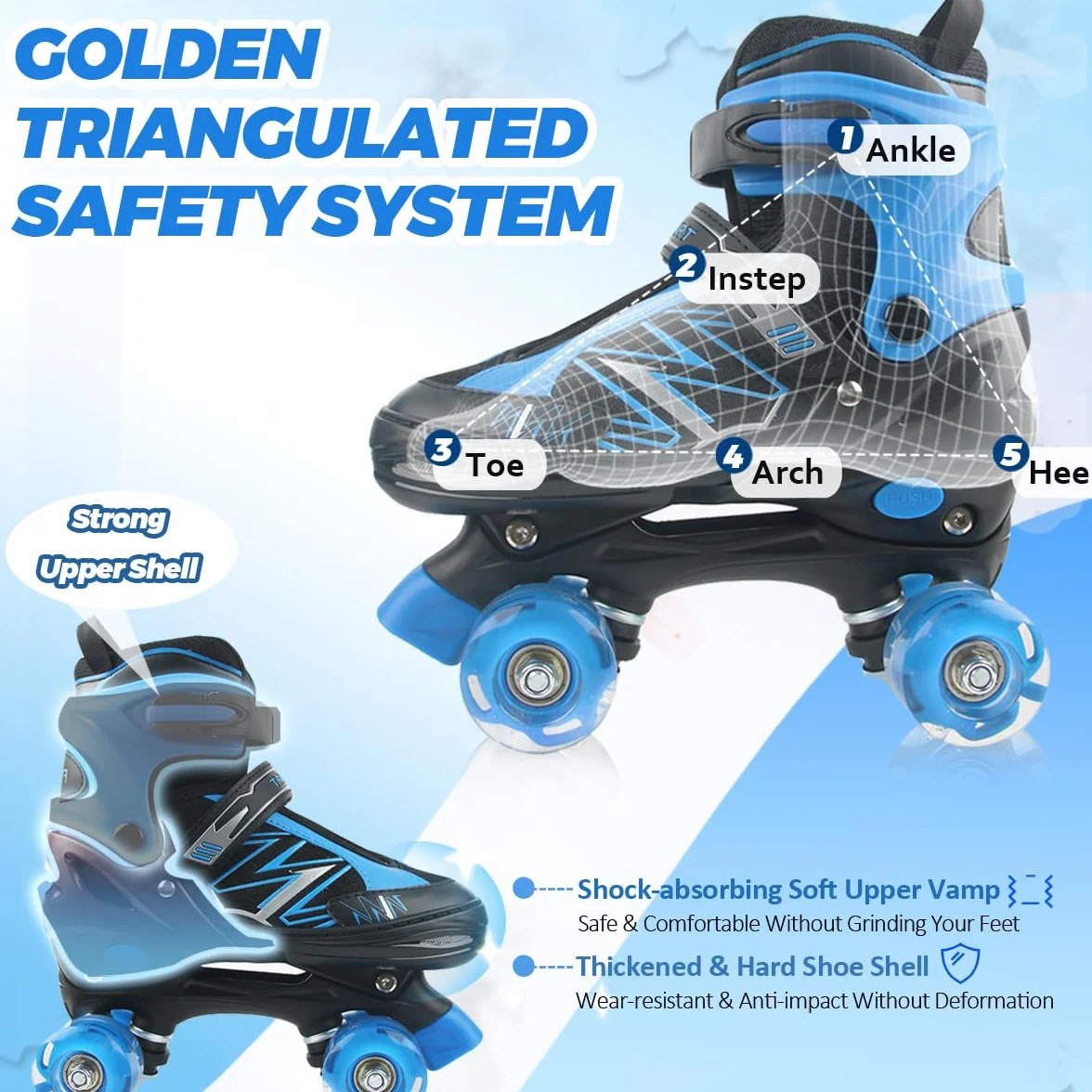 Patins à roulettes pour Enfants Garçons et Filles, 4 Tailles Réglables, Roues Lumineuses, Bleu et Rouge, Quad