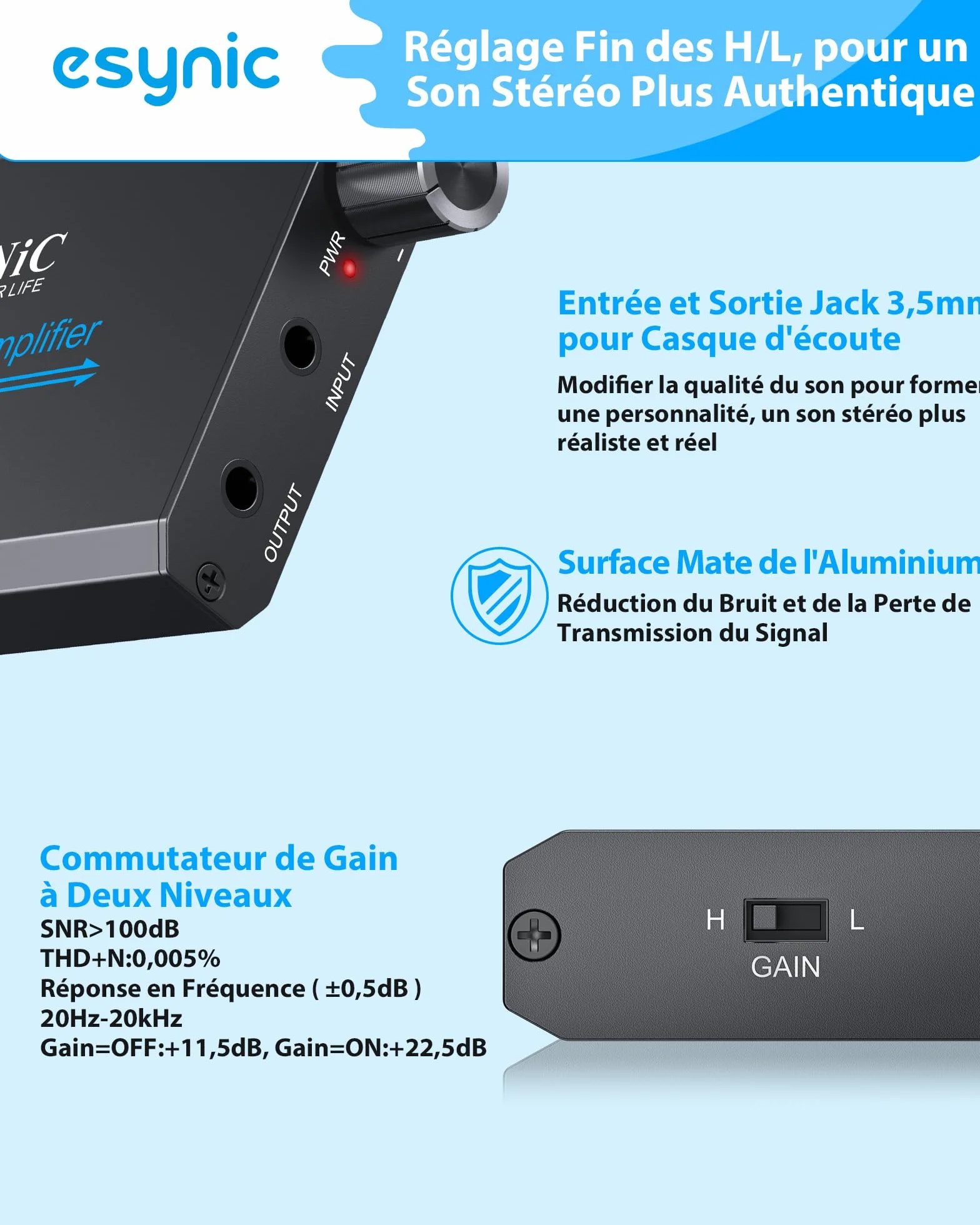 eSynic Ampli Casque Portable 16-600Ω Commutateur de Gain Amplificateur de Casque HiFi Interface Stéréo 3,5 mm Batterie au Lithium Amplificateur Audio Professionnel pour MP3 MP4 Téléphones Ordinateurs