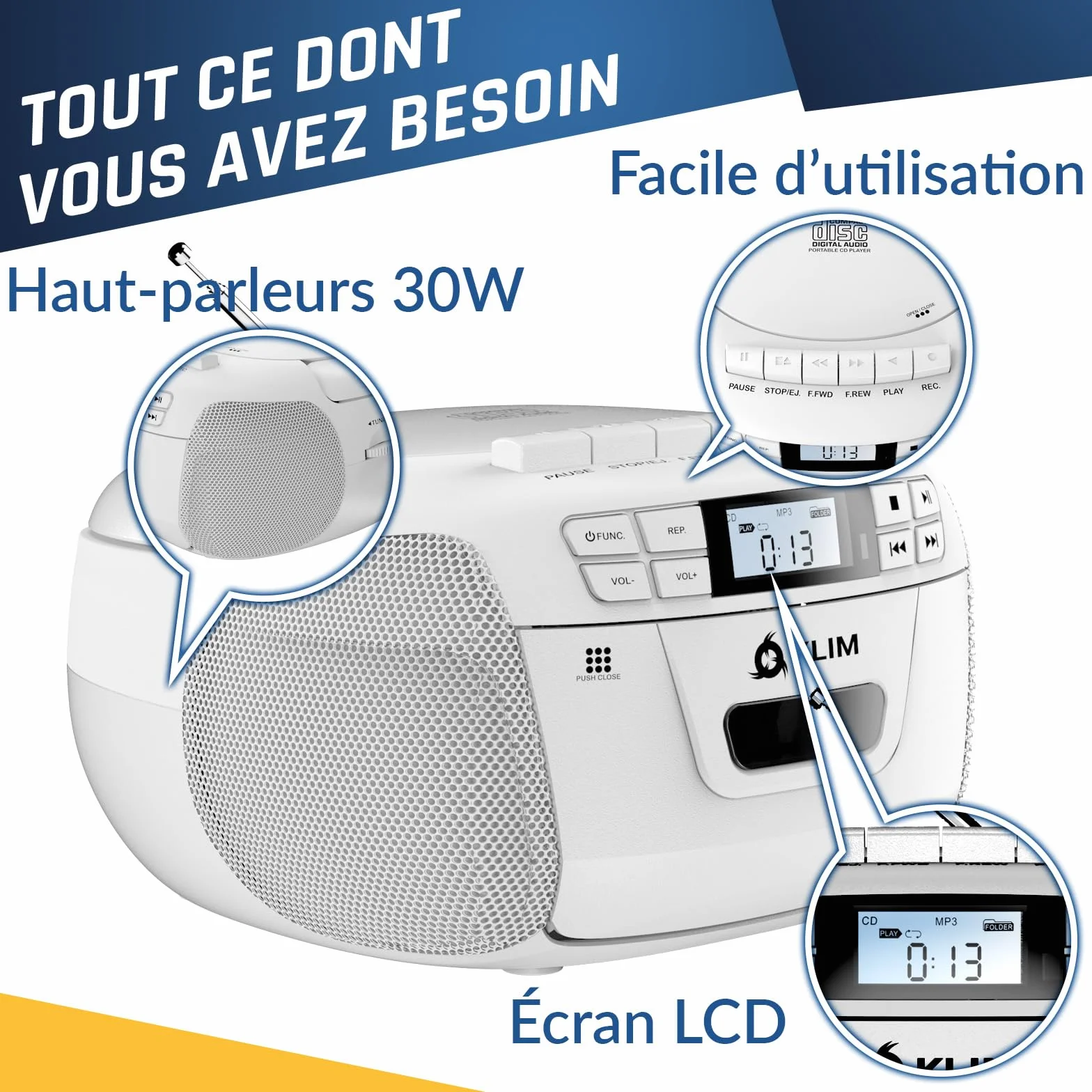 KLIM Lecteur CD Cassette Radio AM/FM Bluetooth Stéréo USB AUX Blanc