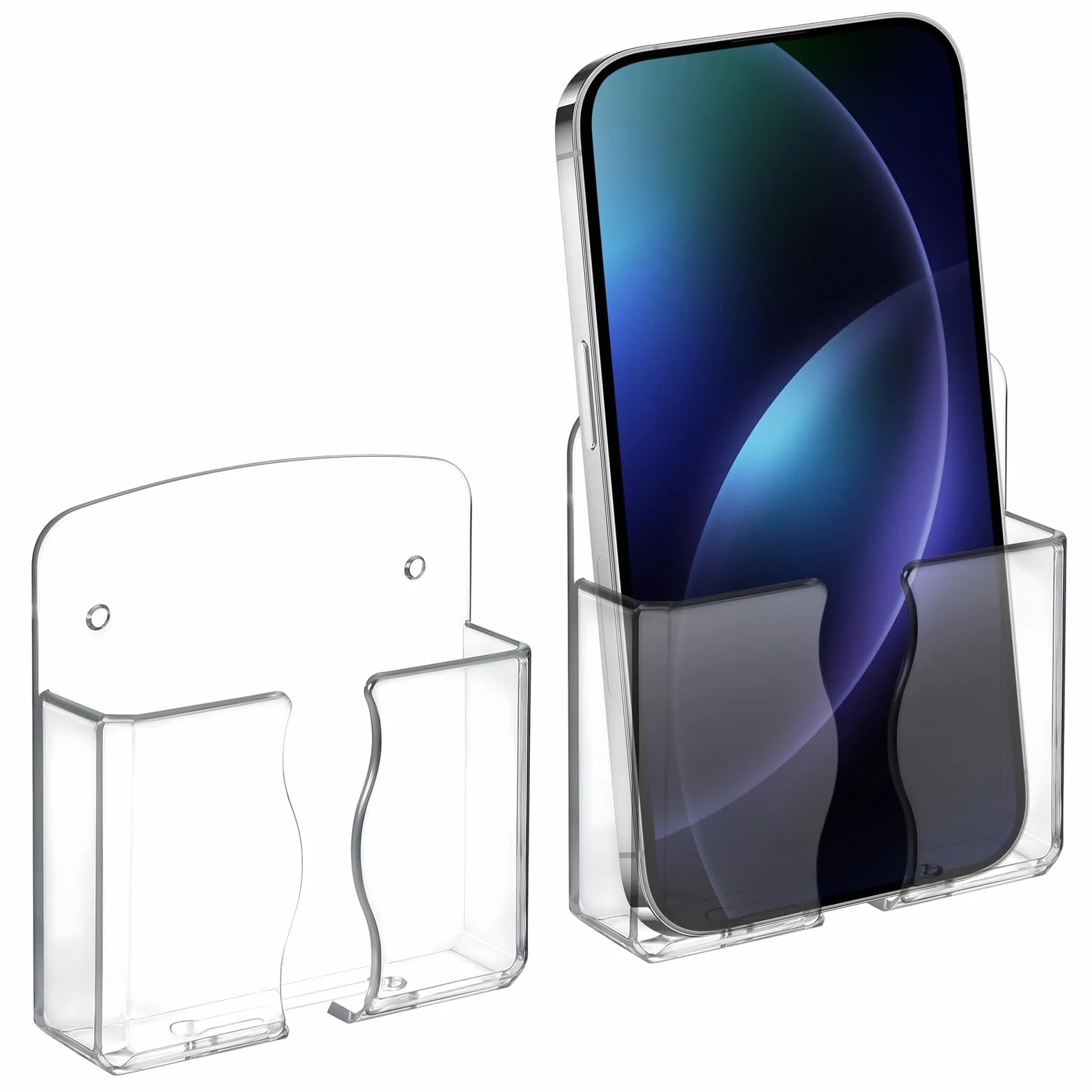 Lot de 2 supports muraux universels pour téléphone portable - Avec trou de chargement - Transparent - Support mural pour téléphone portable - Organiseur mural pour lit et salon