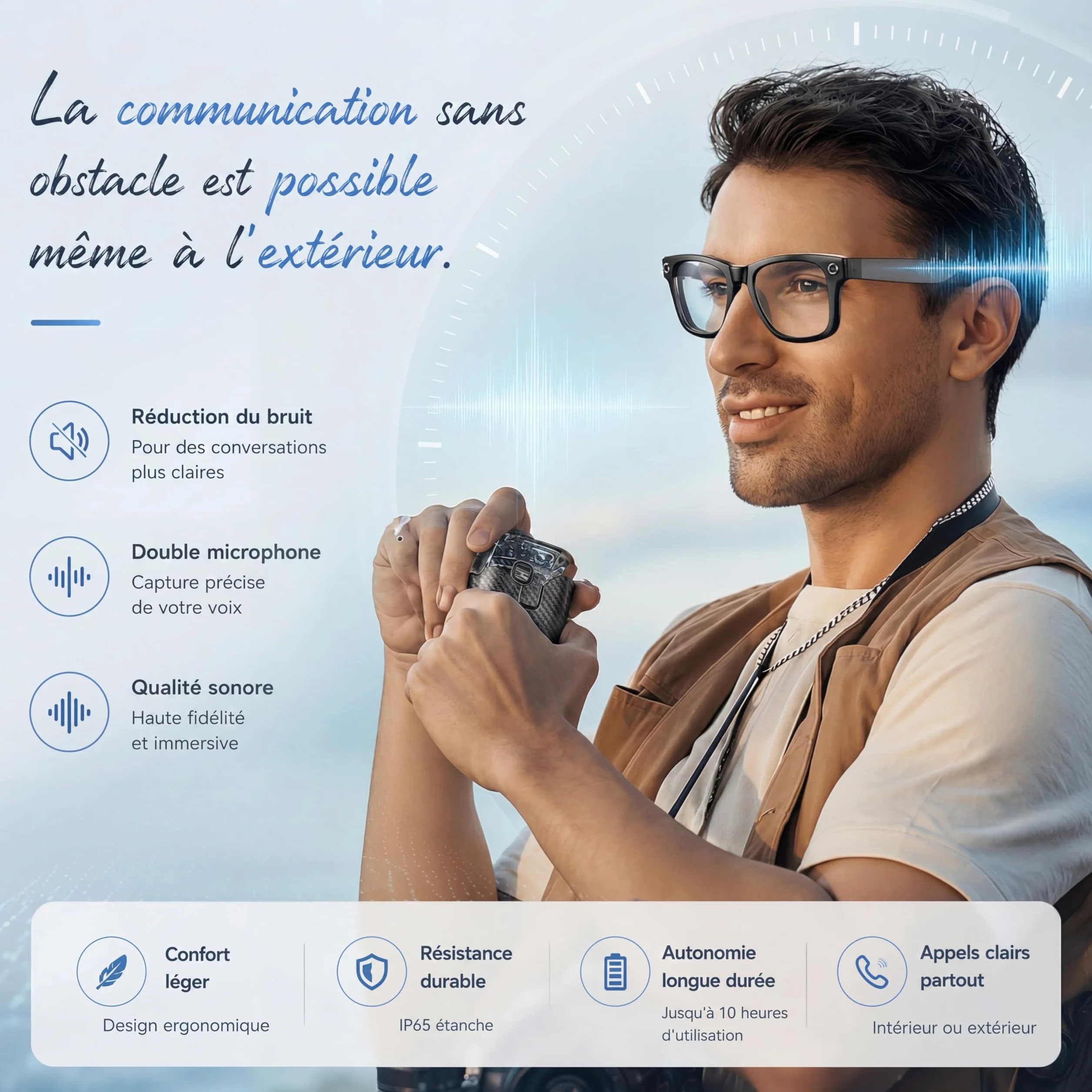 Korons Lunette Connectée Lunettes Connectées avec Assistant Vocal IA Reconnaissance Intelligente Caméra HD Bluetooth Smart Glasses Idéales pour Travail et Voyage (Photochromique)