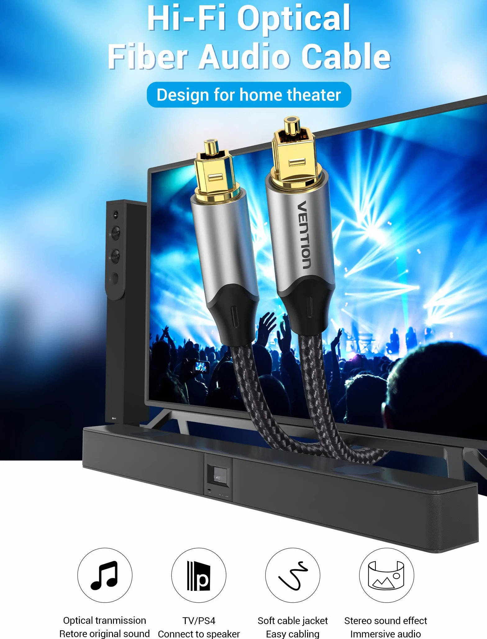 VENTION Câble Optique Audio Toslink 2m Nylon Tressé 24K Plaqué Or