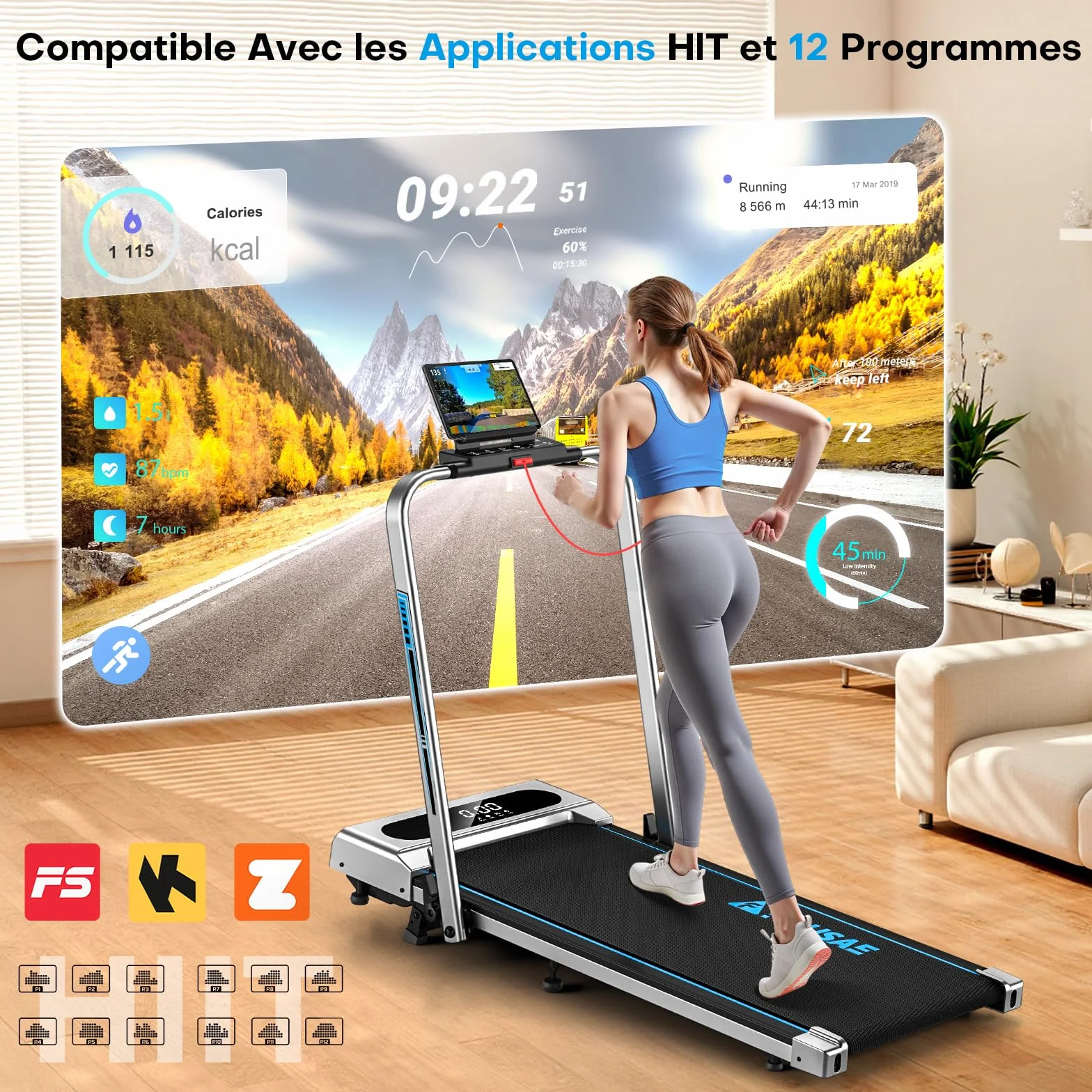 Tapis de Course Pliable FOUSAE 12 Programmes HIIT Inclinable 9% 12 KM/H Moteur 2,75 CV Charge 158kg