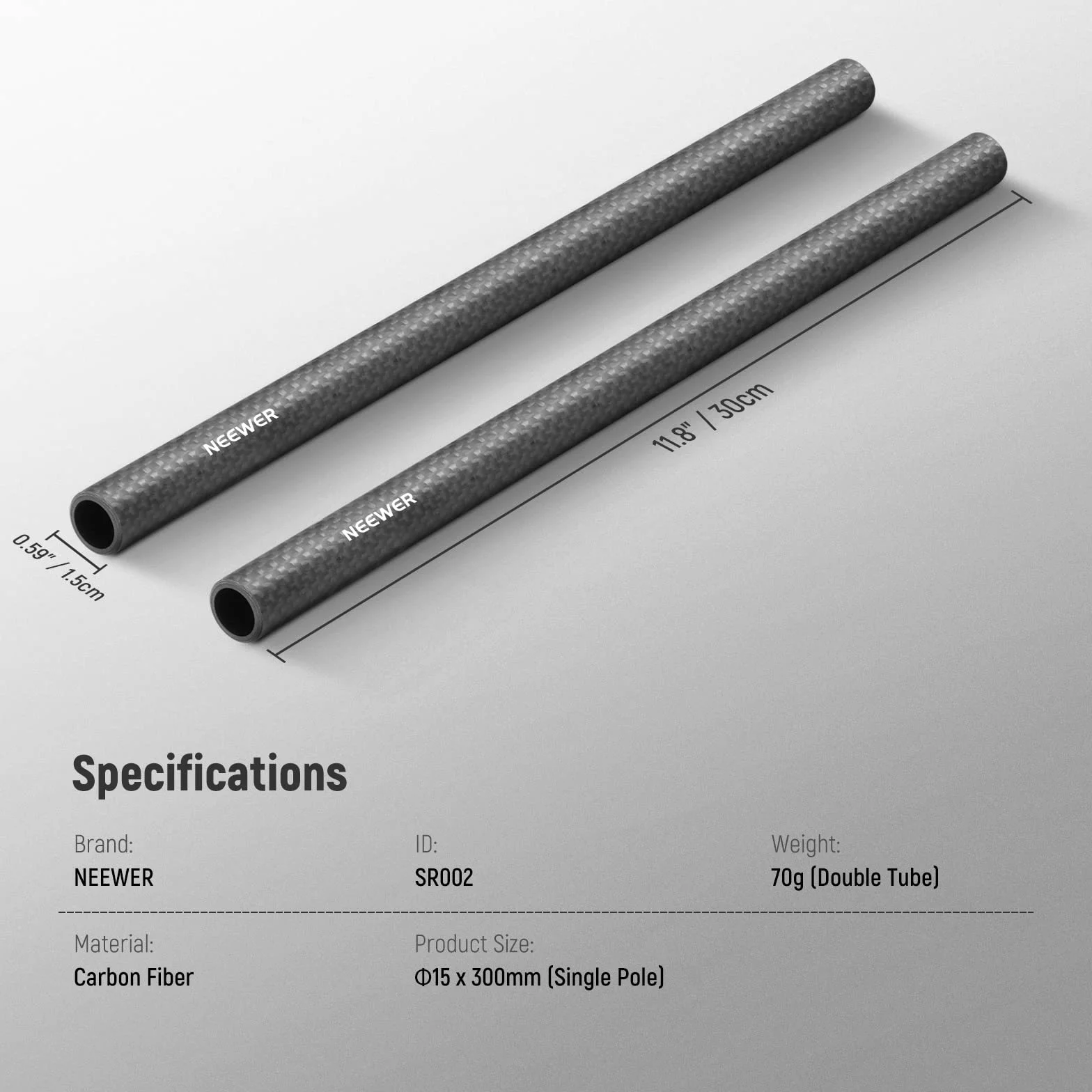 NEEWER 15mm Rod Tiges d'extension en Fibre de Carbone Lot de 2,Compatible avec SmallRig Compatible avec Tilta Le système de Support d'épaule de 15 mm Rail Follow Focus pour DSLR Camera,SR002 (30cm)