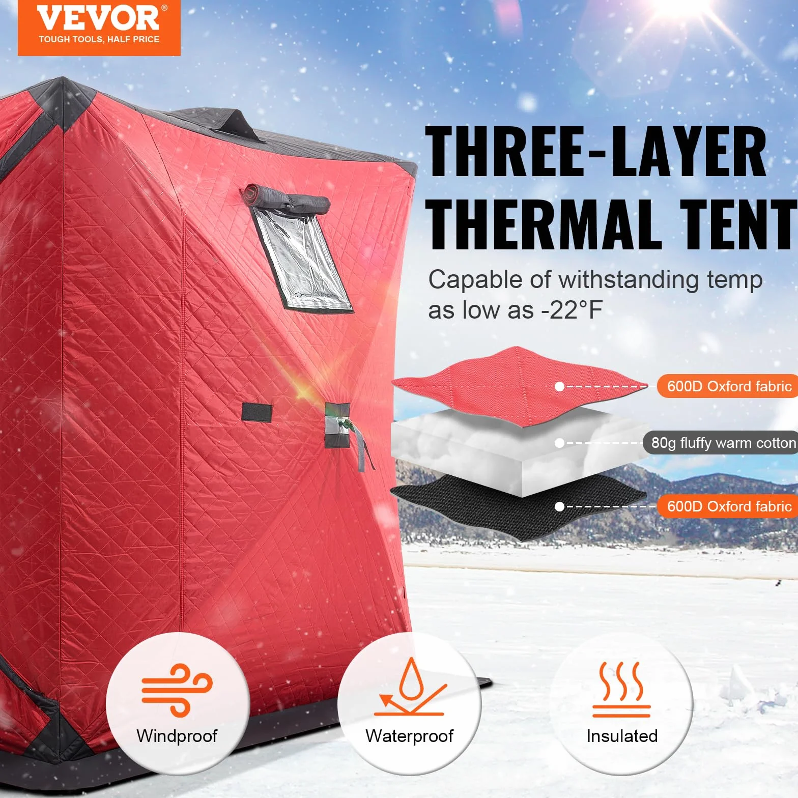 VEVOR Abri de Pêche sur Glace 1,8x1,8x2 m Tente Escamotable Portable Isolant Thermique Tissu Oxford