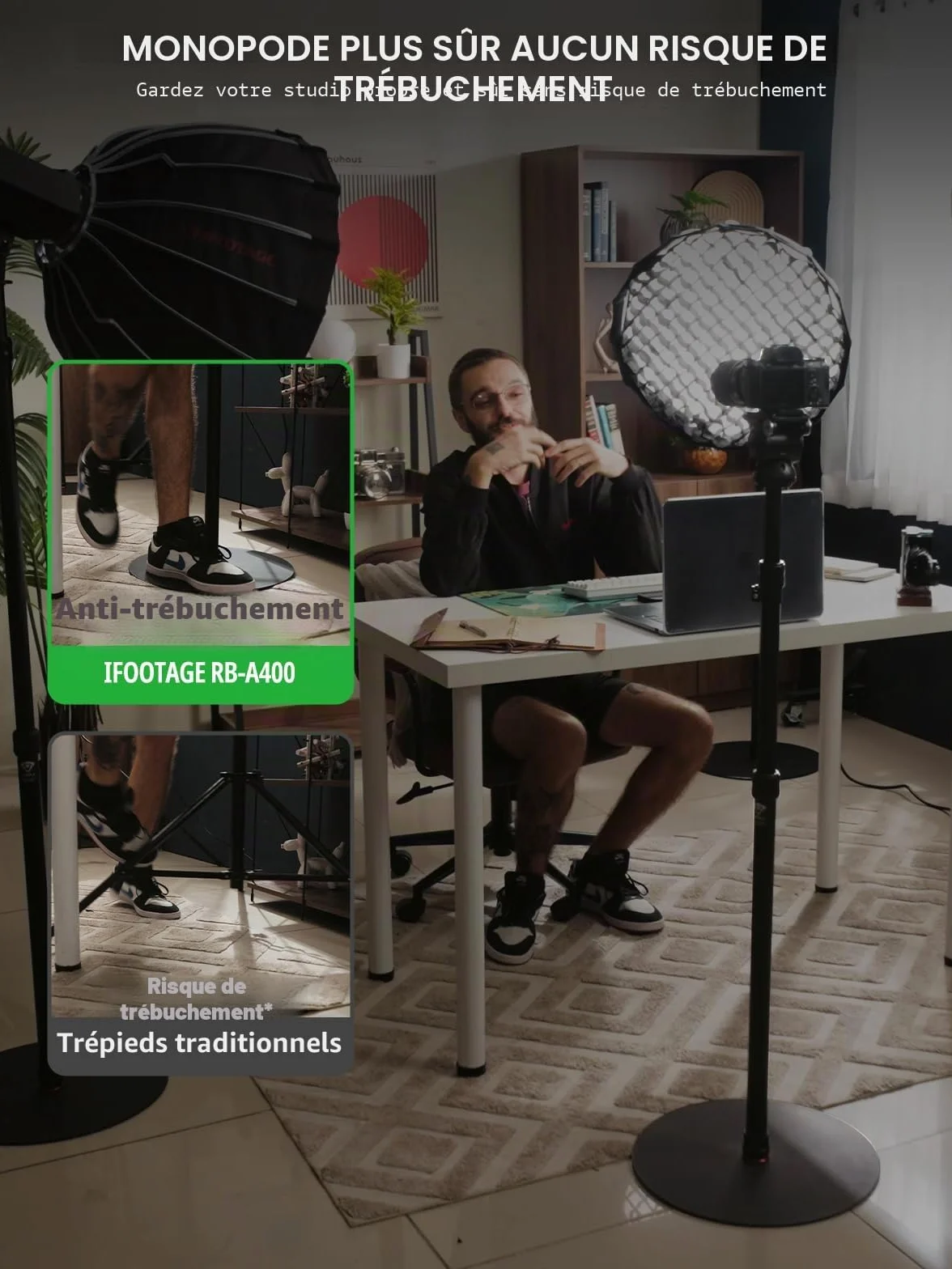 IFOOTAGE Cobra 2 RB-A400 Monopode Professionnel en Aluminium pour Appareil Photo,Monopode de Studio,Base Lestée et Hauteur Réglable,Support de Sol,Support D'éclairage,Diamètre de la Base : 40 cm