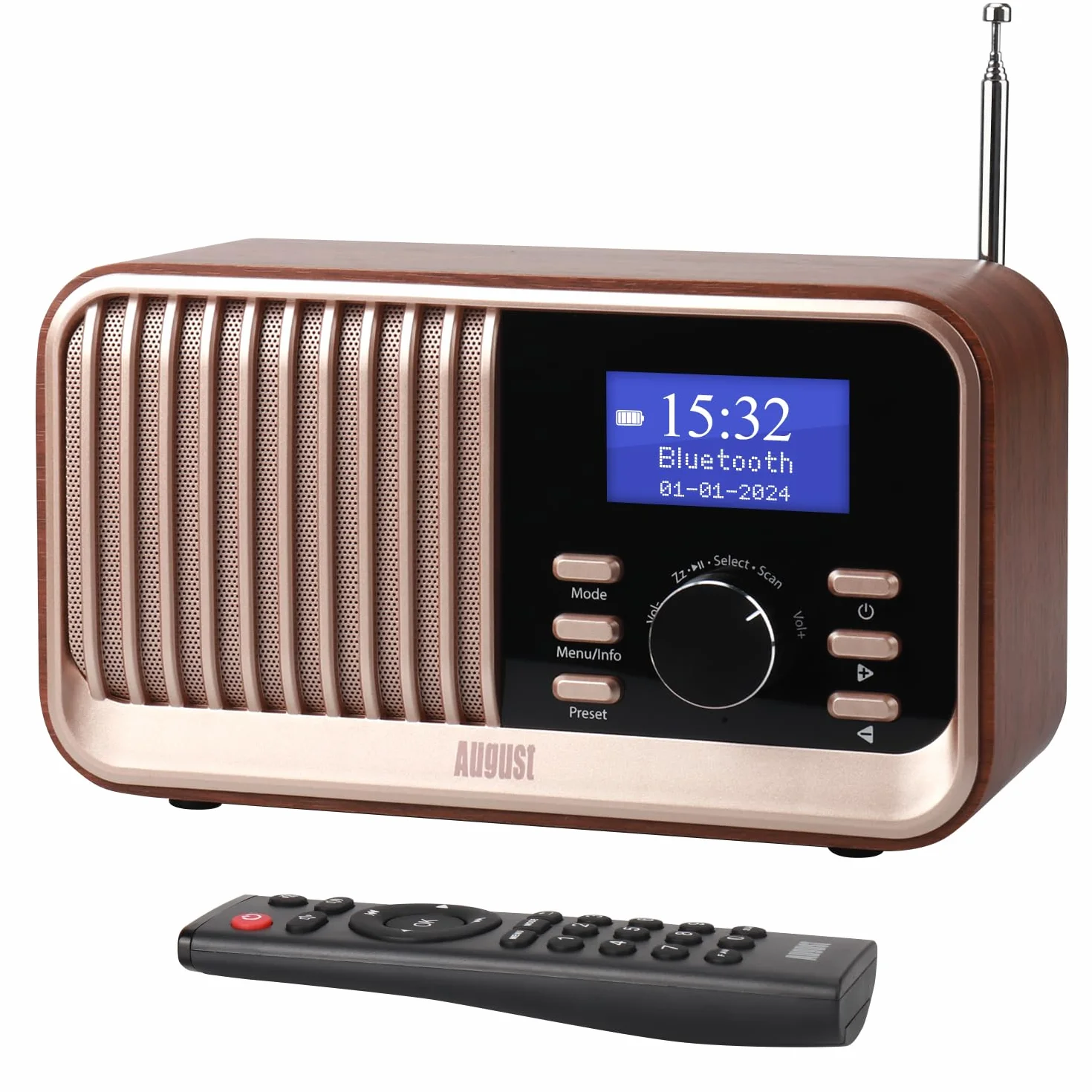 August MB450K - Radio Dab/Dab+/FM Rechargeable Double Réveil, Radio Portable Rétro avec 60 Présélections, Haut-Parleur Bluetooth 5.3, USB/AUX/Carte MicroSD, Autonomie 18H et Télécommande - Chêne