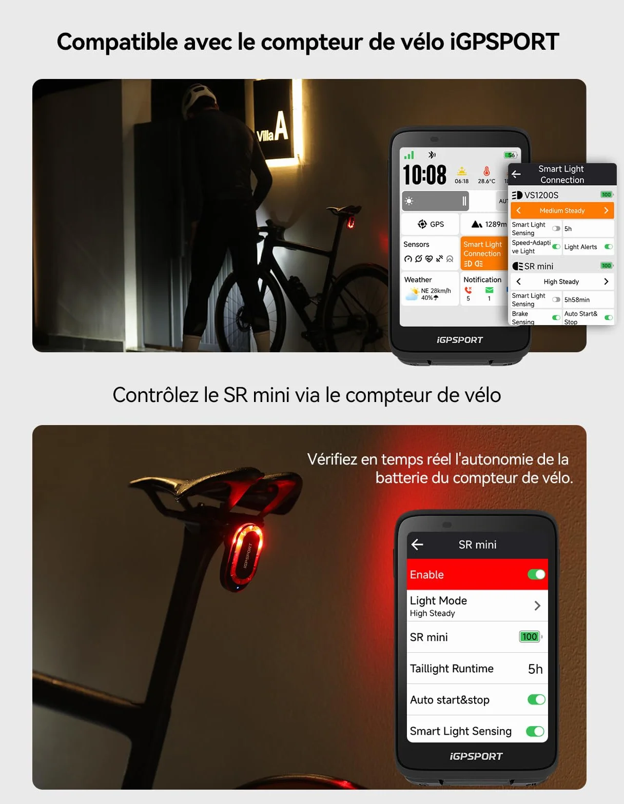 iGPSPORT SR Mini Feu Arriere Velo Radar 160m Detection Radar Alerte Lumineuse Avertisseur Frein 7 Modes Eclairage 220° 20H Ant+ Bluetooth 5.0 IPX7