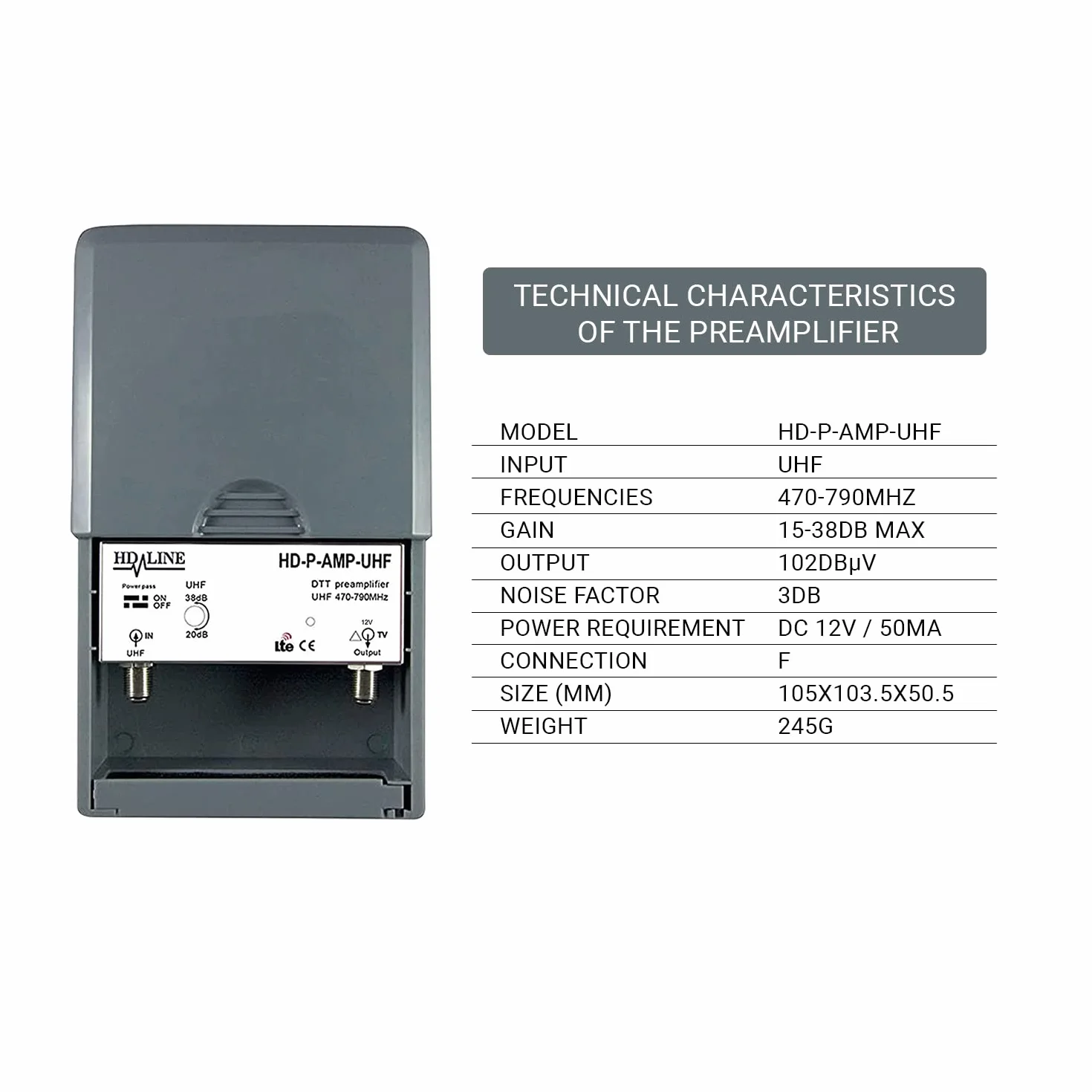 HD-LINE kit4/1 Préamplificateur 4/1 TV Amplificateur + Alimentation 4 sorties TV pour Antenne terrestre TNT Noir