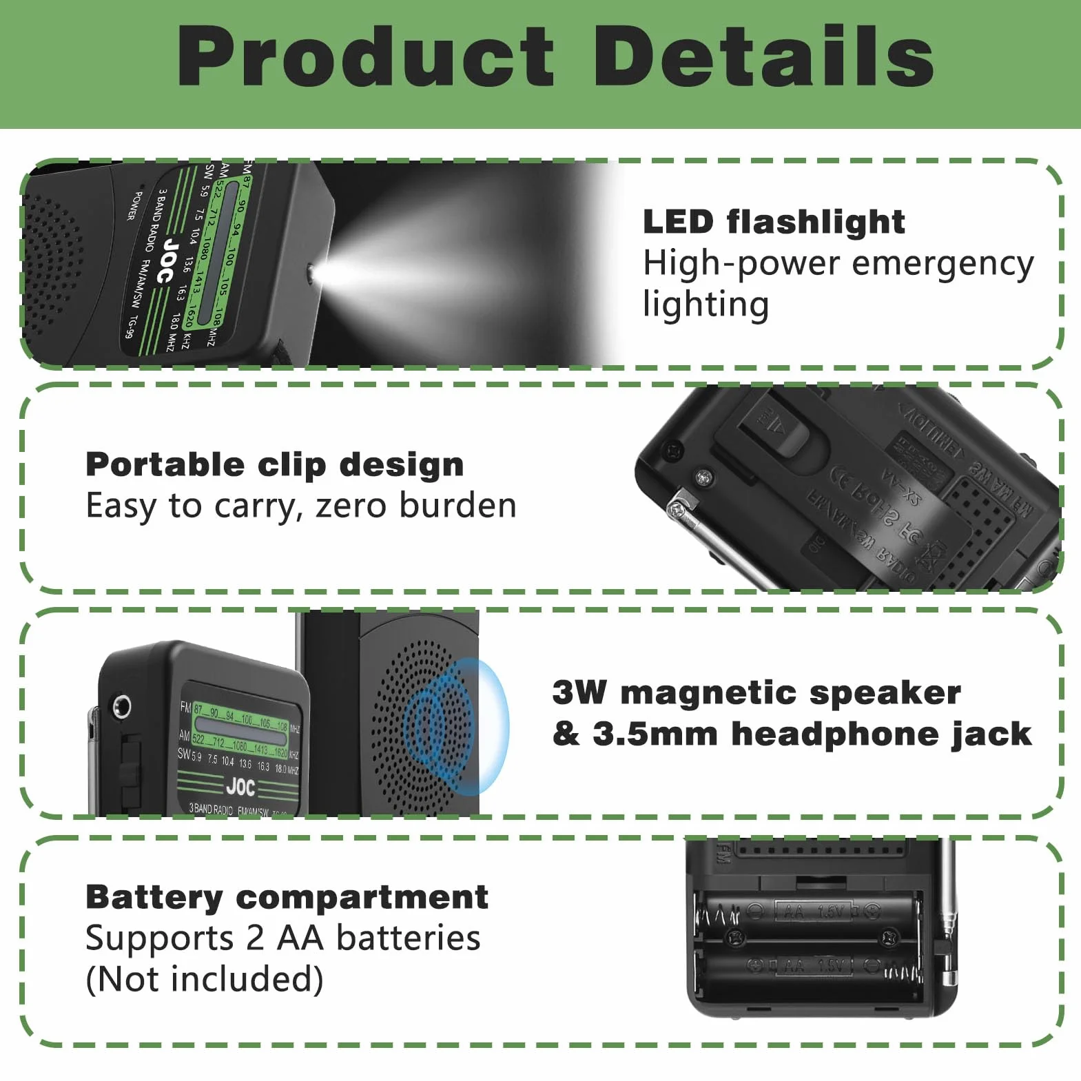 Radio Portable AM/FM/SW Mini à Piles AA avec Lampe Torche, Écouteurs, Cadeau Fête des Pères