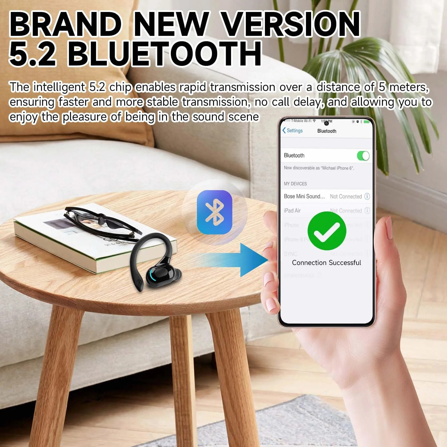 Oreillette Bluetooth sans Fil V5.2 Écouteur Mono Tour d'oreille 360° avec Micro Intégré Mains Libres Bluetooth pour i Phone Android PC