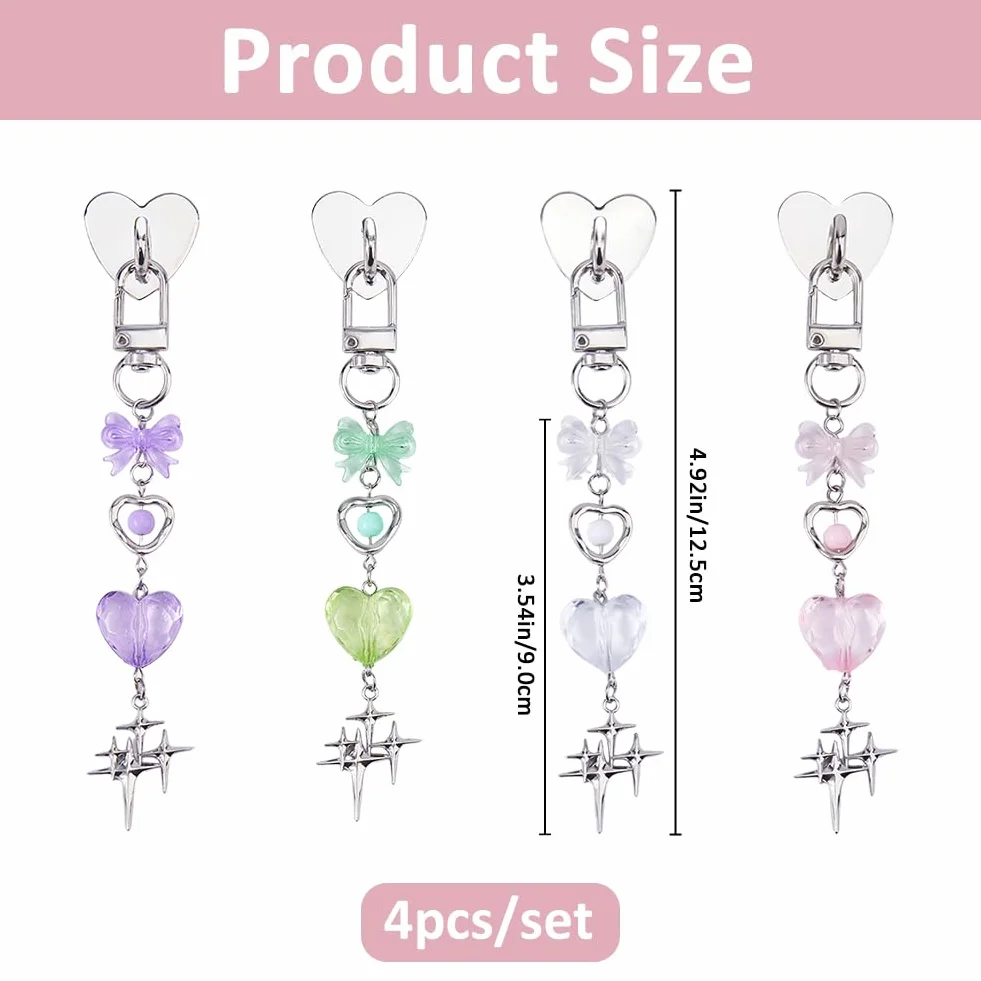 SUPERFINDINGS 4 Pièces Charme de Téléphone en Acrylique Chaîne de 12,5 cm Breloques Mignonnes pour Kindle Cœur Noeud Papillon Étoile Pendentif de Téléphone avec Fermoir à Pivot en Alliage