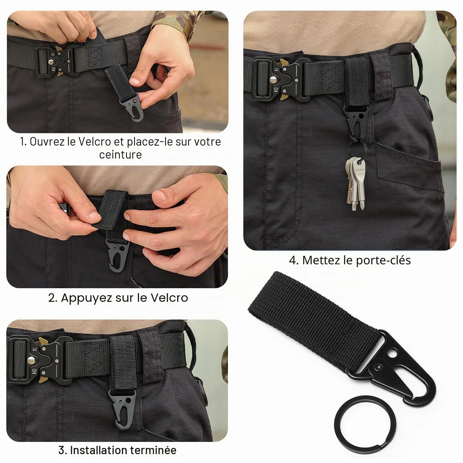 Mousquetons Tactique 6 Pièces Sangle en Nylon Noir pour Gilet Ceinture Sac à Dos