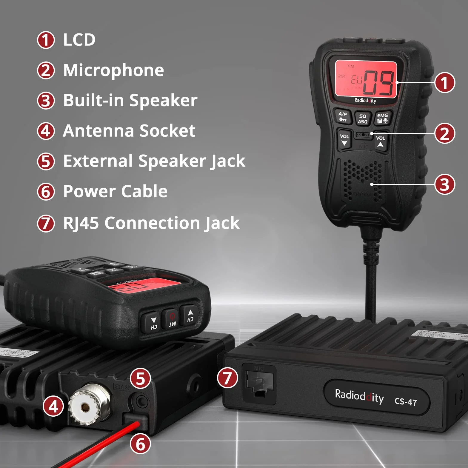 Radioddity CS-47 Radio CB Off Road Compact Mobile AM/FM 40 canaux Grand écran LCD 7 Couleurs sur Microphone
