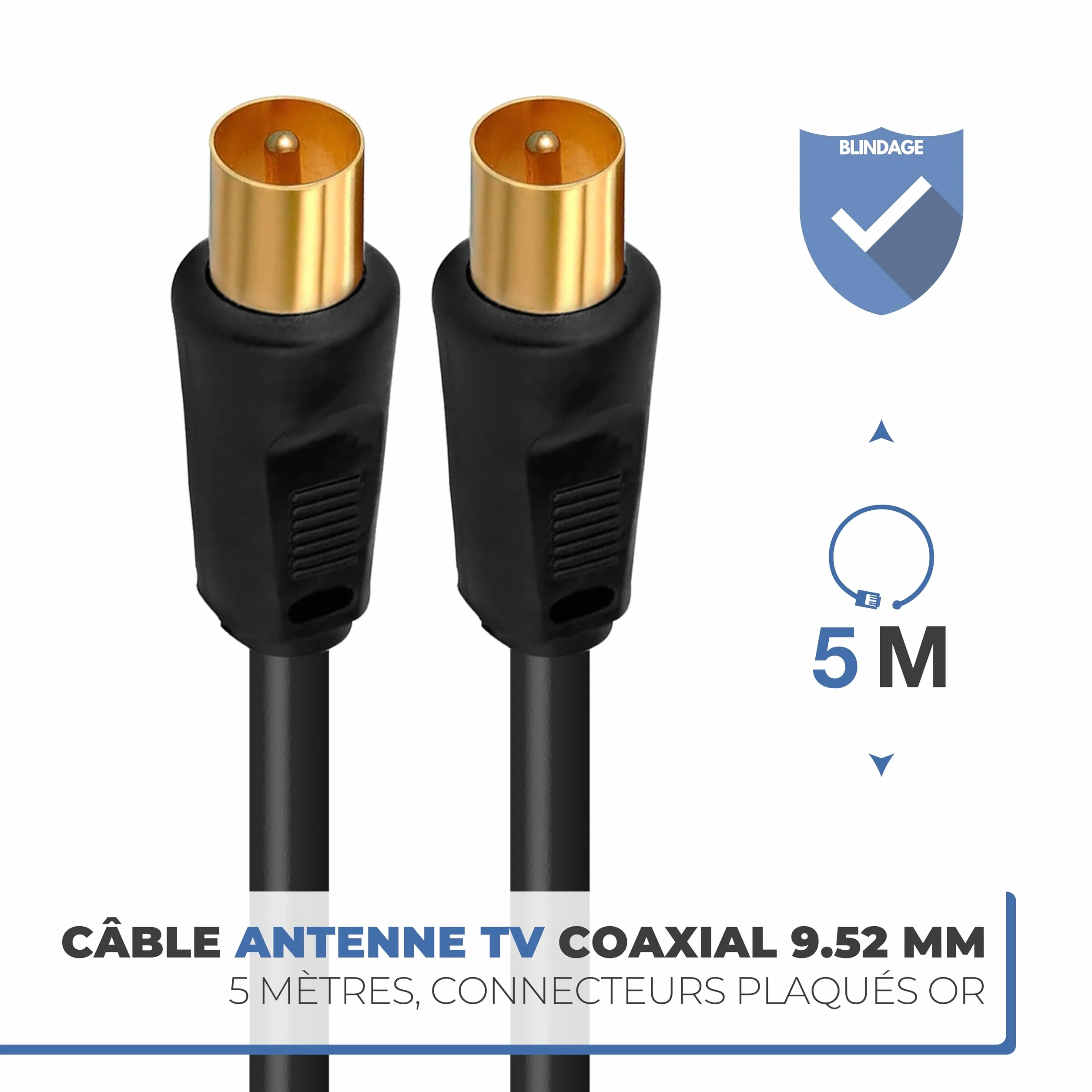 APM Câble TV Antenne 9.52mm, 5 Mètres, Connecteurs Gold Mâle/Mâle, Cordon Coaxial Noir avec Adaptateur Femelle/Femelle Inclus, Compatible TV Décodeur TNT Fiche Murale 9.52mm, 408026, 5m
