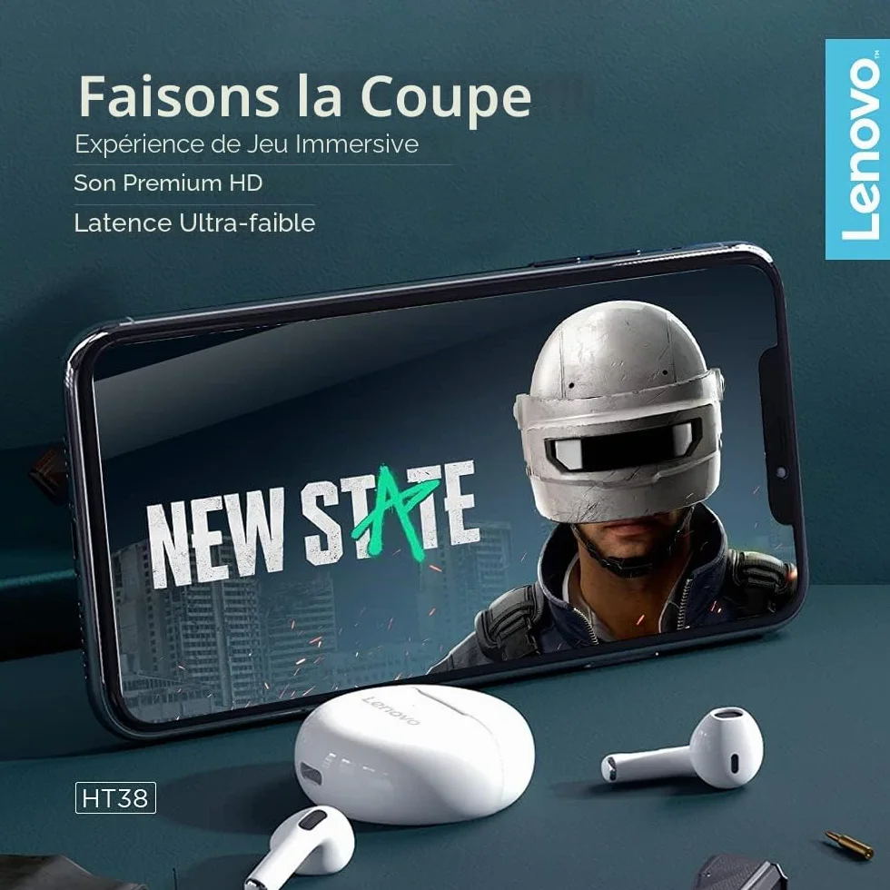 Lenovo – écouteurs sans Fil Bluetooth LivePods HT38 TWS, Mini Casque d'écoute, Commande Tactile 9D Stéréo, avec Micro, 30h d'autonomie