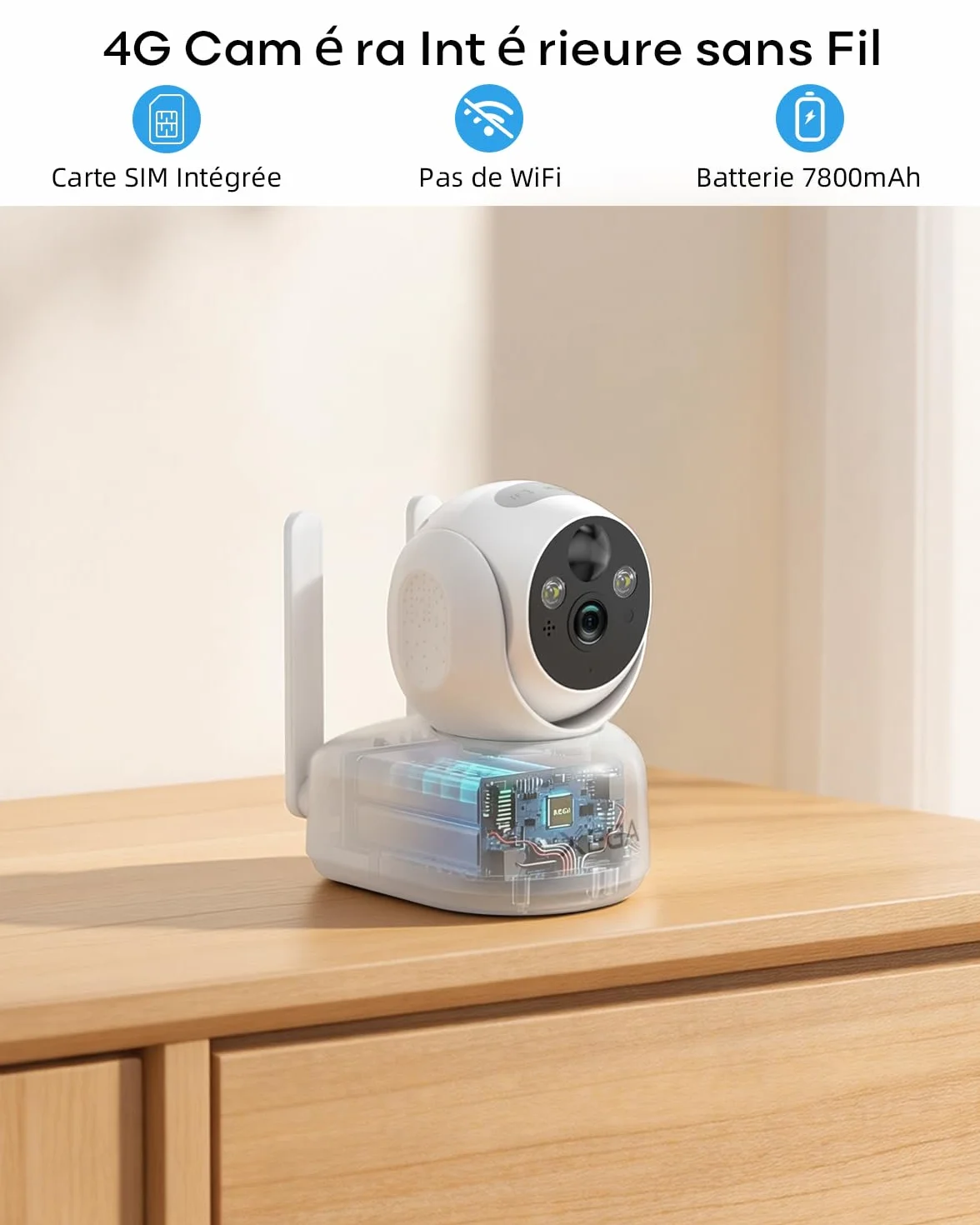 Xega 4G LTE Camera Surveillance Interieure sans Fil avec Carte Sim, 2K Caméra sans WiFi pour Bébé/Animaux, 7800mAh Batteries, PTZ Camera Vision Nocturne, PIR Détection, Audio Bidirectionnel, IP65
