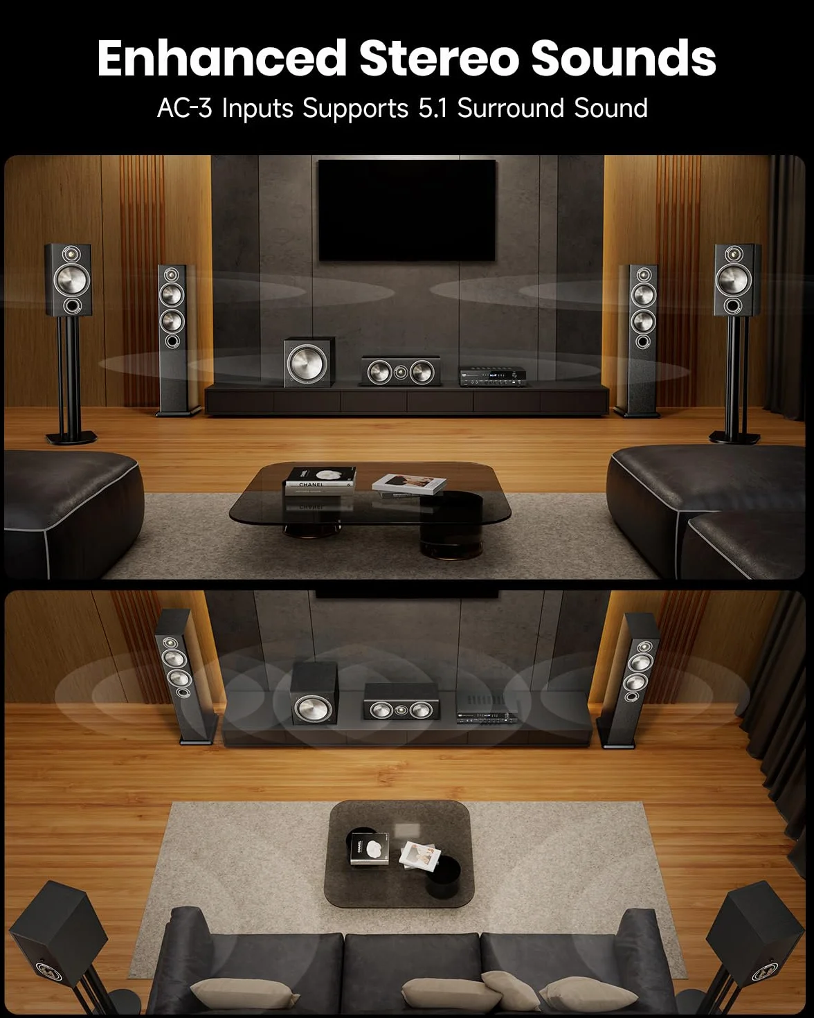 Donner Amplificateur Audio 5.1 Canaux Bluetooth 5.3 Optique Coaxiale USB FM RCA Karaoké Home Cinéma MAMP4