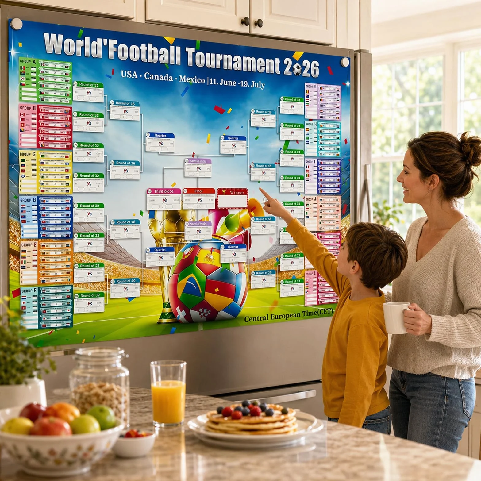 Affiche du Calendrier de la Coupe du Monde de Football 2026, 150 x 100cm, 48 Pays