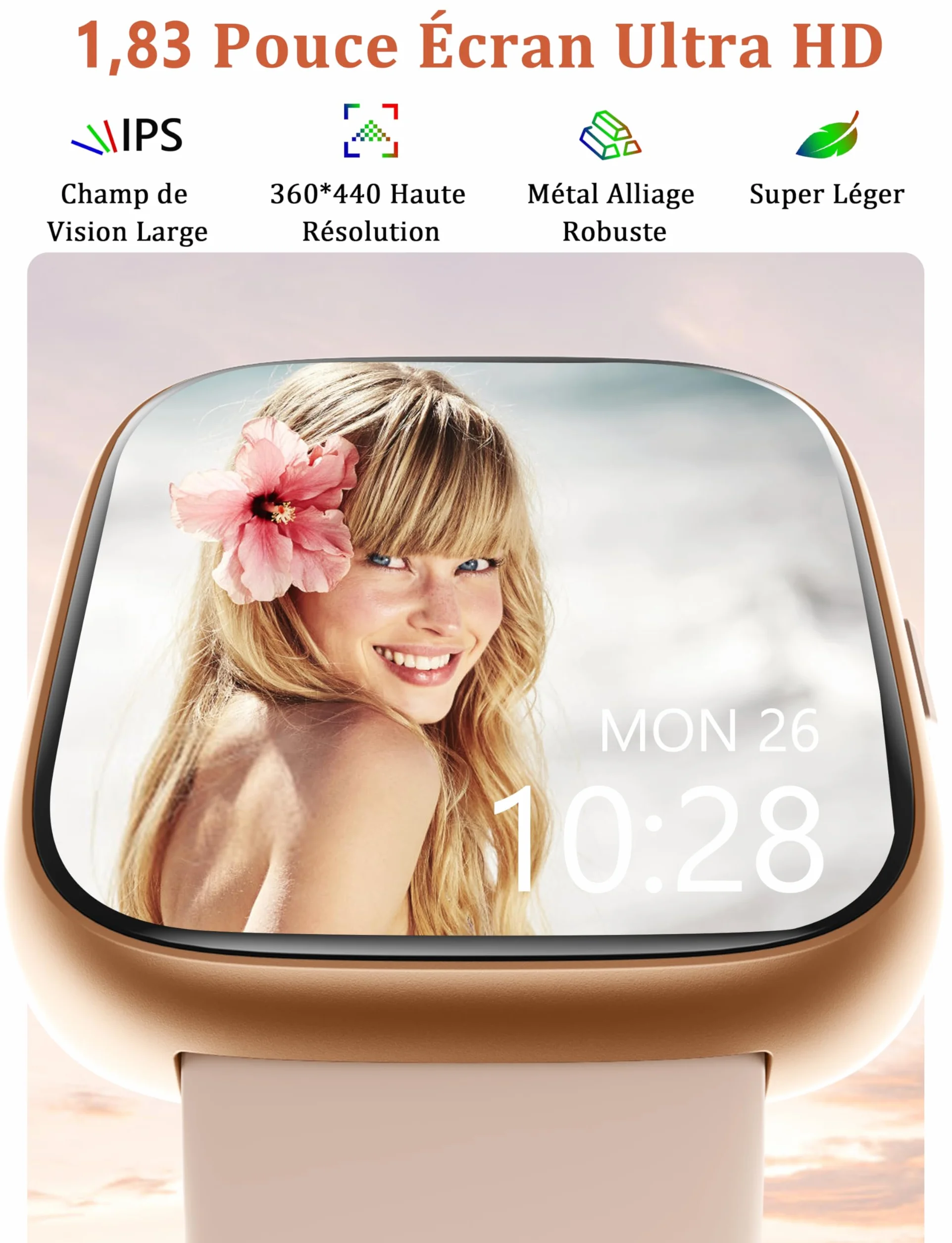 LODIMEKE Montre Connectée pour Samsung Apple Xiaomi, Appel Bluetooth, Montre Étanche Natation IP68, 1,83" Smartwatch Femme Homme, 100+ Sports, Fréquence Cardiaque, Pression, Sommeil, Fitness Tracker