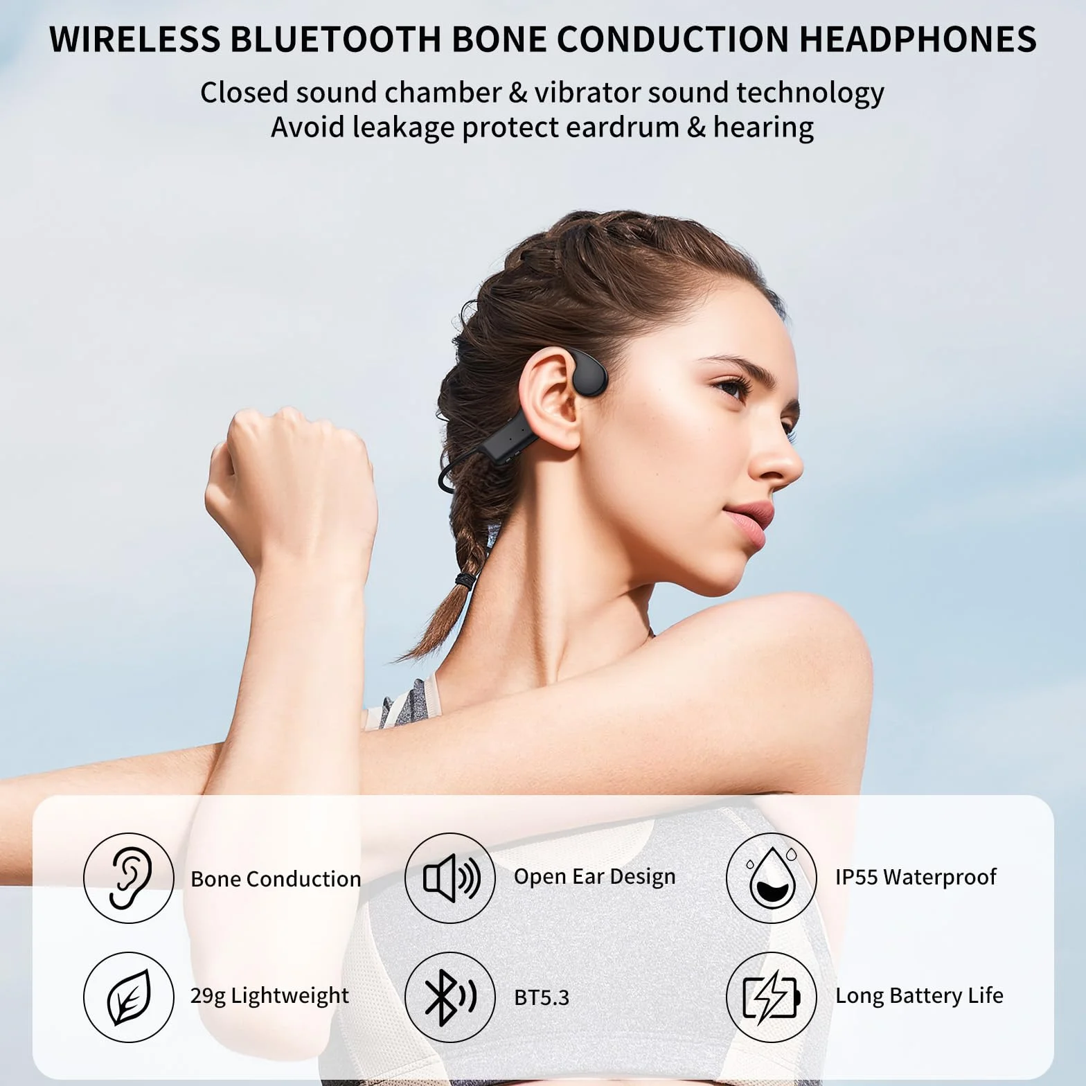 Casque Conduction Osseuse Bluetooth, Écouteur Conduction Osseuse Sans Fil Oreilles Ouvertes avec Micro, Open Ear Sport Étanche Conduction Casque pour Course à Pied, Sport, Cyclisme, Fitness (Noir)