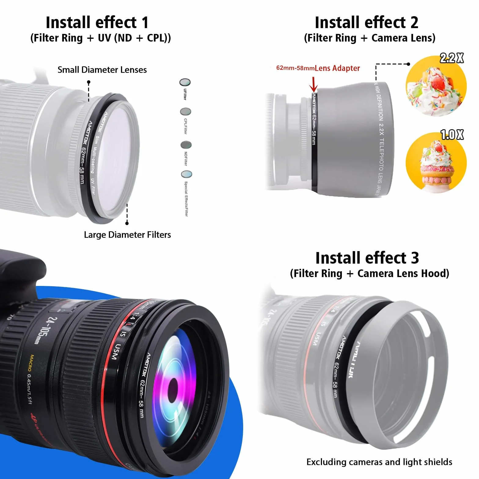 Adaptateur d'objectif 62mm à 58mm Bague d'adaptation Filtre CNC