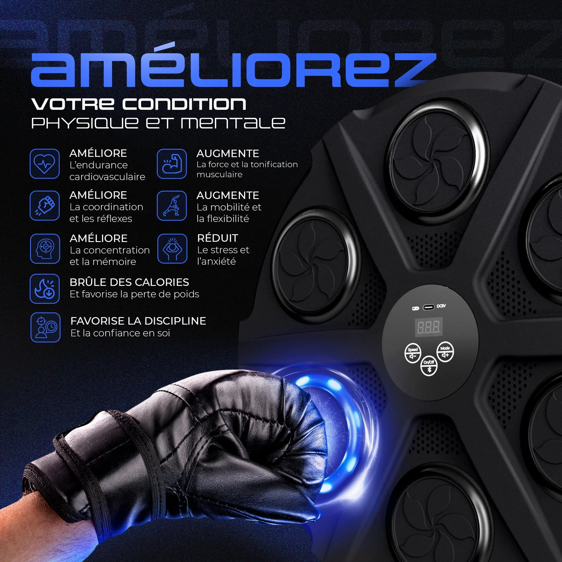 EZERO Machine Beatpunch Boxe Adulte Bluetooth LED Entraînement interactif Boxe Mural Musique Améliore Réflexes Endurance Set Complet