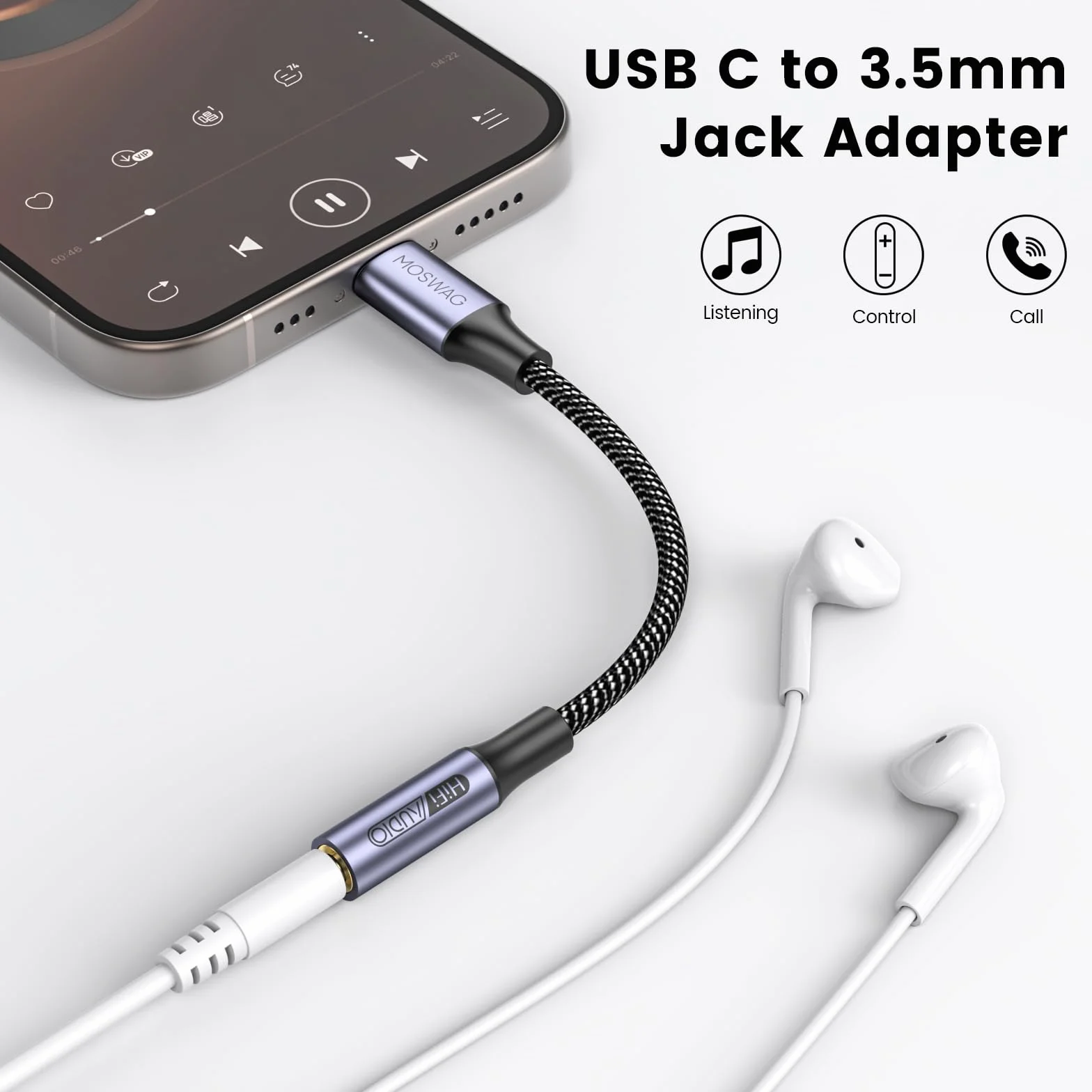 MOSWAG Adaptateur USB C Jack 3.5mm DAC pour Samsung Galaxy S24 S22 S20 Ultra, Pixel 4 XL, iPad Pro