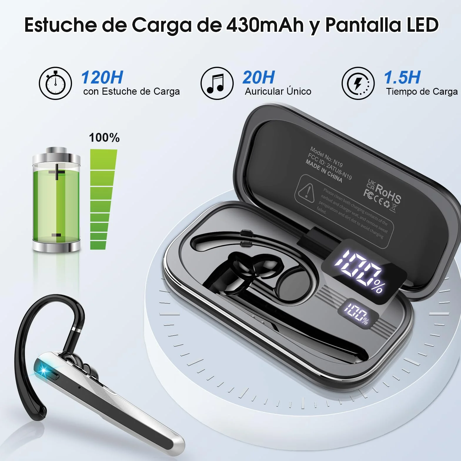 Oreillette Bluetooth sans Fil V5.3, 120 Heures de Conversation Mains Libres Bluetooth Oreillette, Ecounteurs Bluetooth avec Double Micro antibruit ENC pour Conduite/Affaires/Bureau Noir