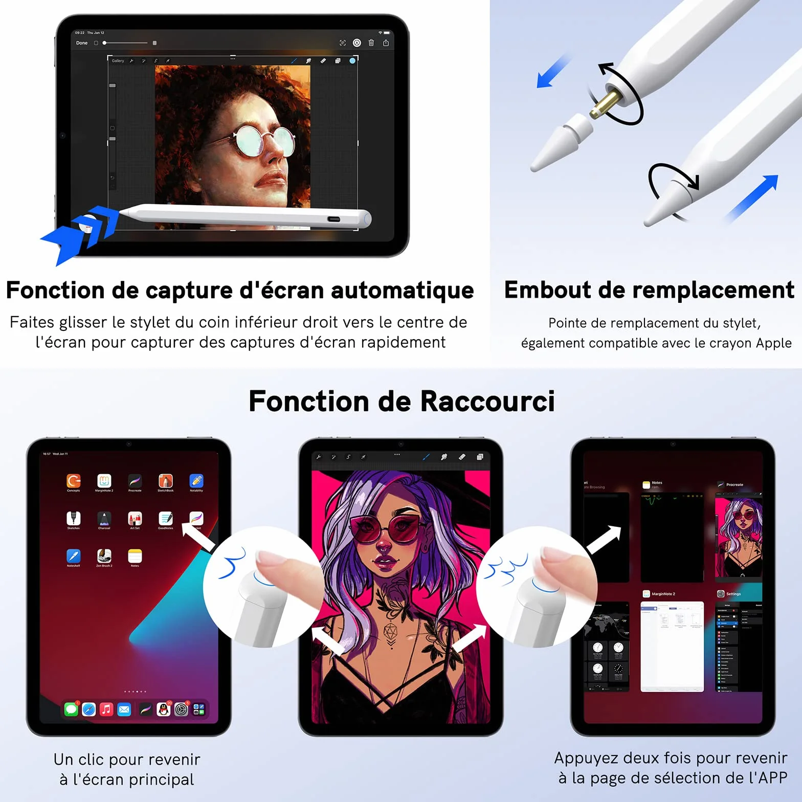 Stylet iPad Chargement Sans Fil, Stylus Pen avec Rejet de Paume, Crayon Compatible iPad 6/7/8/9/10, Pro 11" 4/3/2/1, 12,9" 6/5/4/3, Air 3/4/5, Mini 5/6