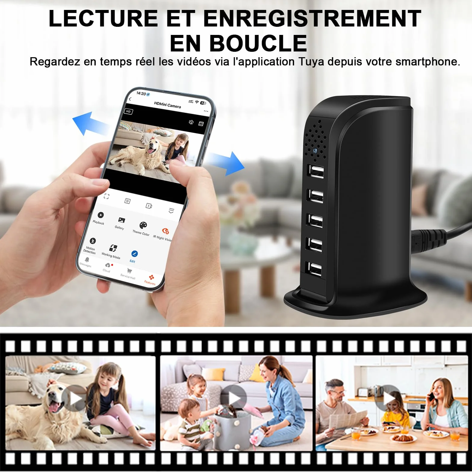 Caméra Cachée Wi-FI 5G, Chargeur USB à 5 Ports avec Caméra Cachée, Mini-caméra Espion Wi-FI HD 1080P, MiniCaméra Cachée WiFi USB avec Détection de Mouvement et Enregistrement en Boucle