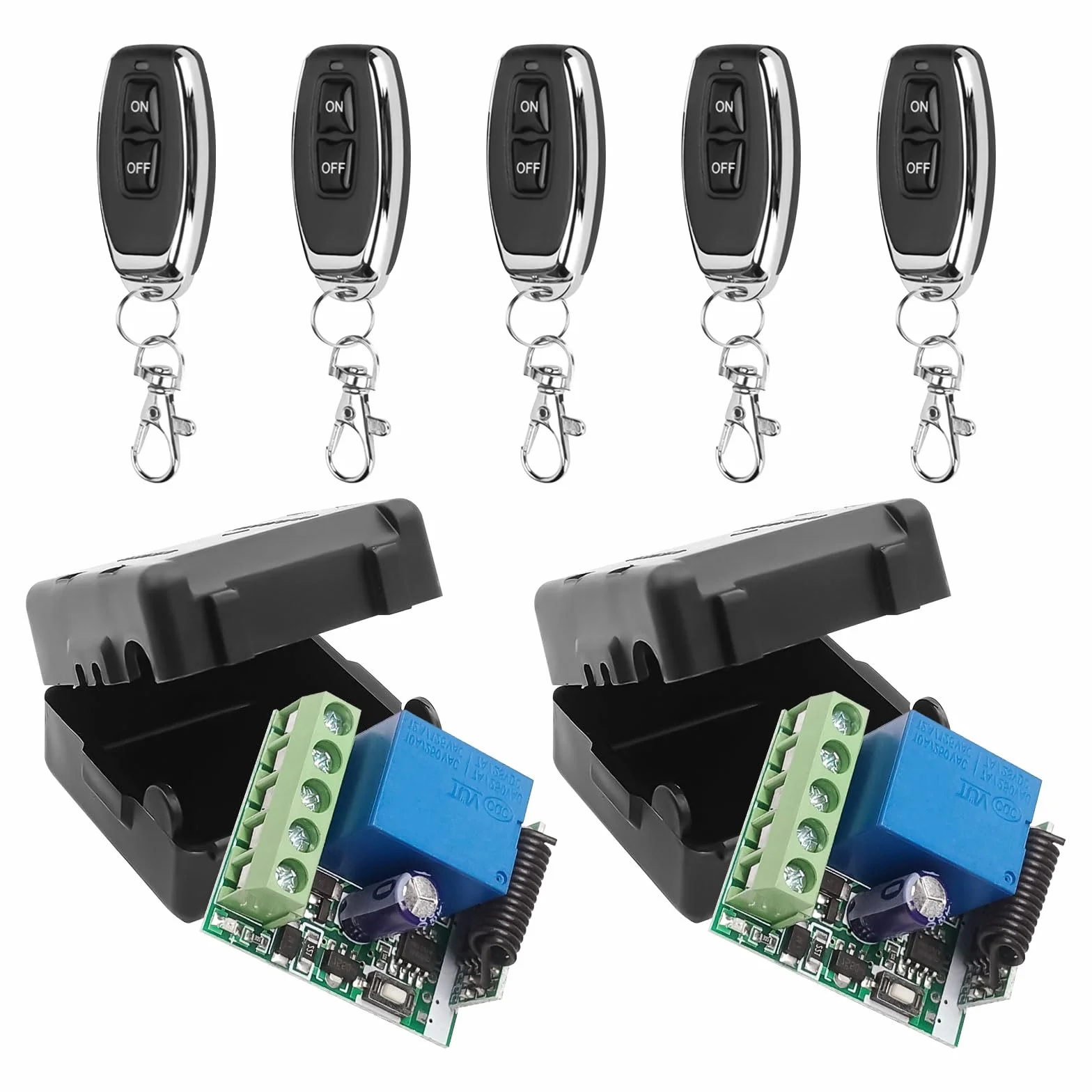 Télécommande sans fil 433 MHz DC 12 V 1CH RF Relais récepteur Module avec émetteur longue distance pour porte de garage (2 récepteurs + 5 télécommandes)
