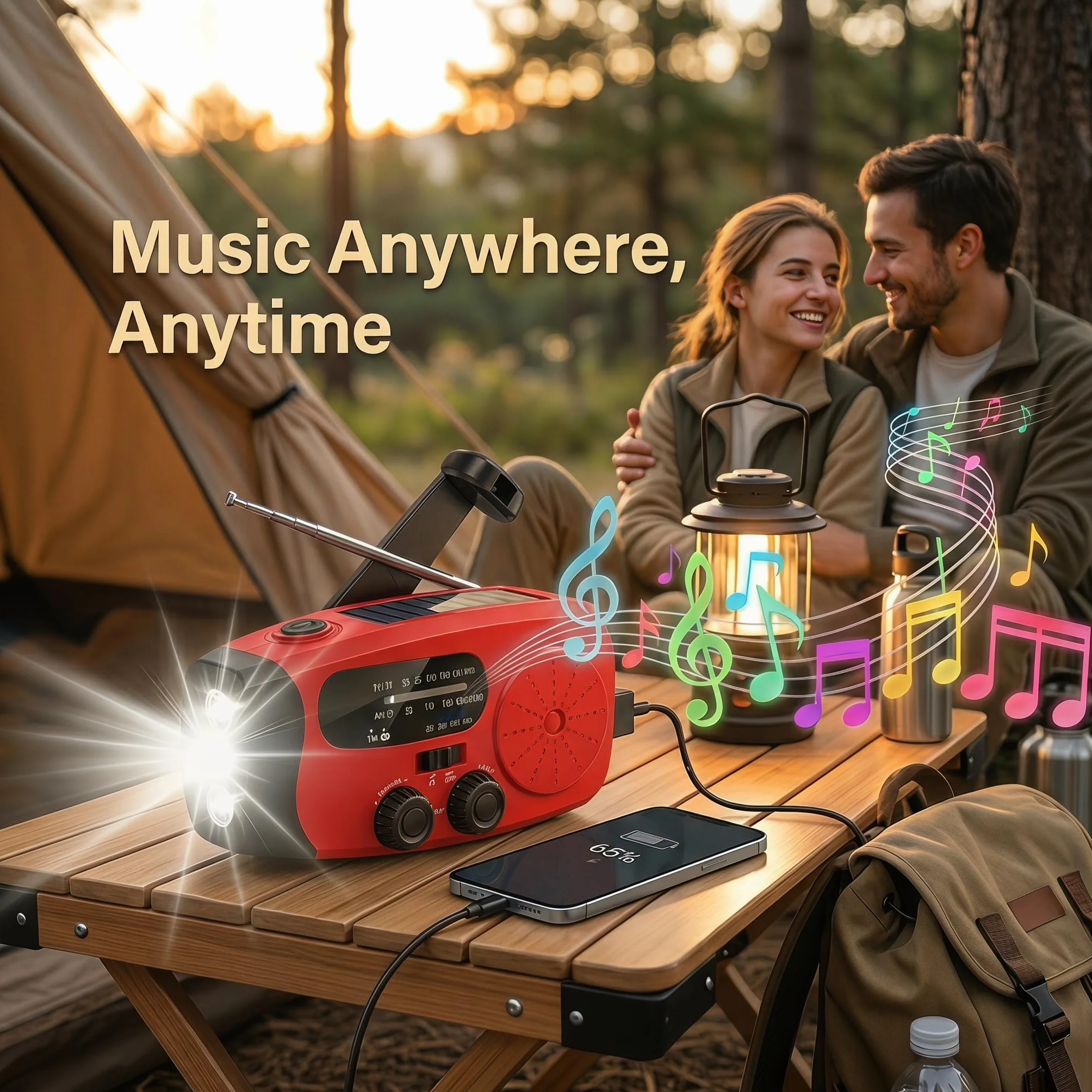 Notfunk Radio Portable d'urgence à Manivelle, 3 Lampes LED, Alarme SOS, Power Bank 2000mAh, Camping en Plein Air, Prévention d'urgence à la Maison, Rouge