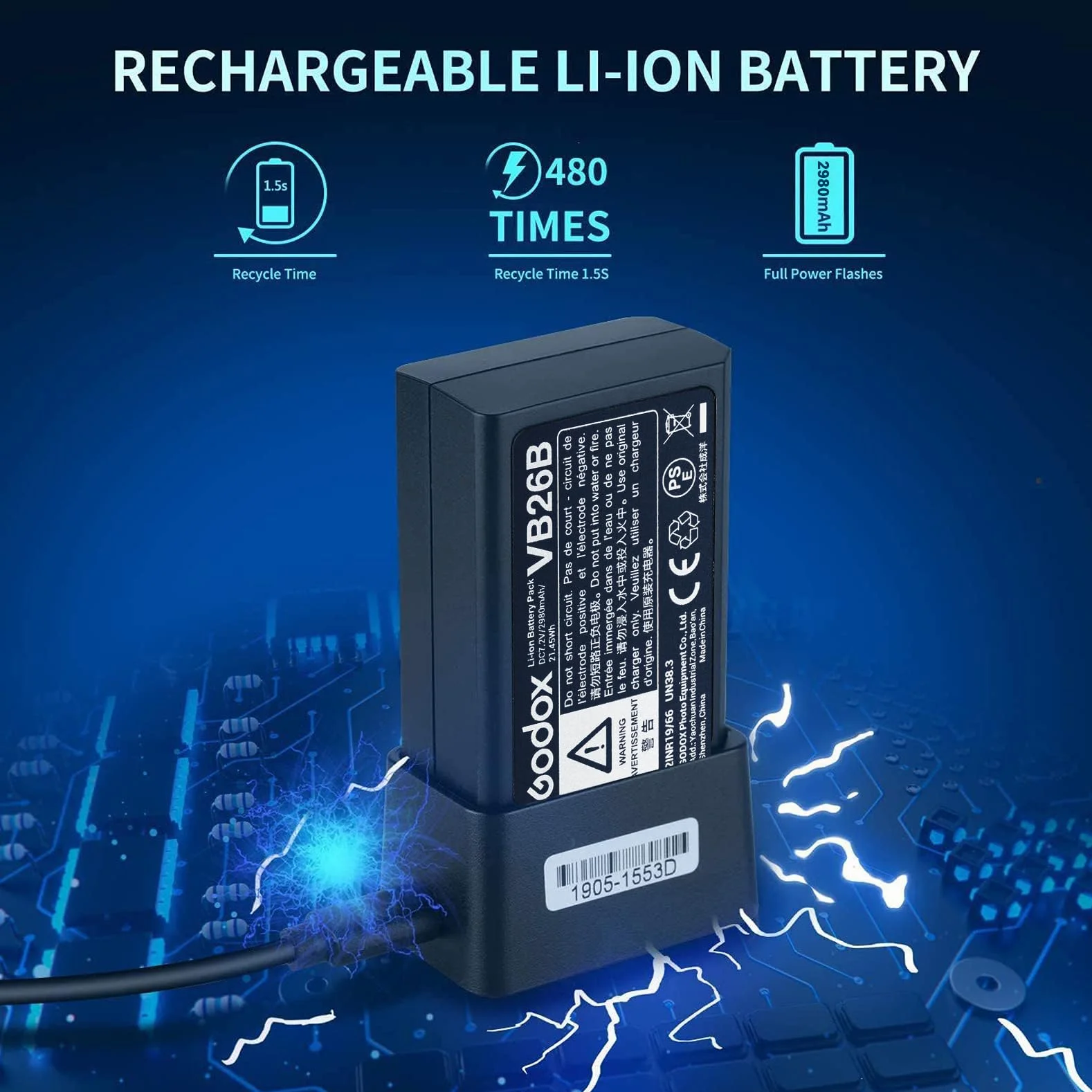 GODOX V1 Batterie VB26B VB26A Batterie de Remplacement, 2980mAh Batterie pour Godox V1S V1C V1N V1F V1O V860III V850III AD100Pro MF-R76 Camera Flash Speedlite