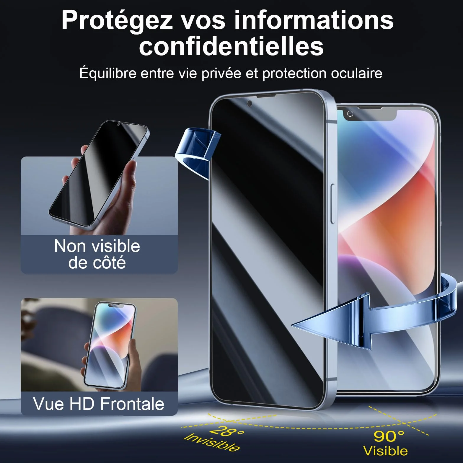 NEW'C Kit de 4, 2 x Verre Trempé Anti-Espion pour iPhone 14 (6,1 Pouces) et 2 x Protection Caméra Arrière - Ultra Résistant - Dureté 9H Glass- Angle de Confidentialité 28 Degrés Amélioré