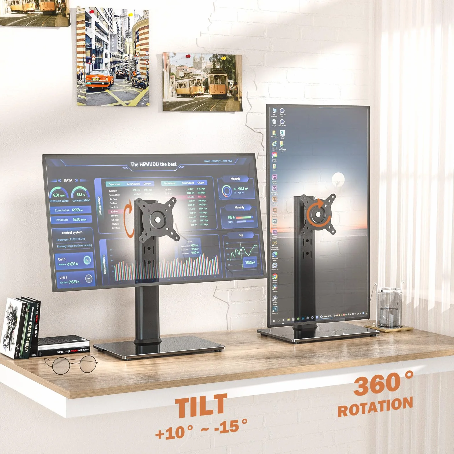 Hemudu Support de Bureau Simple pour écran LCD 13"-32" avec Pivot, Hauteur réglable, Rotation, 35 kg