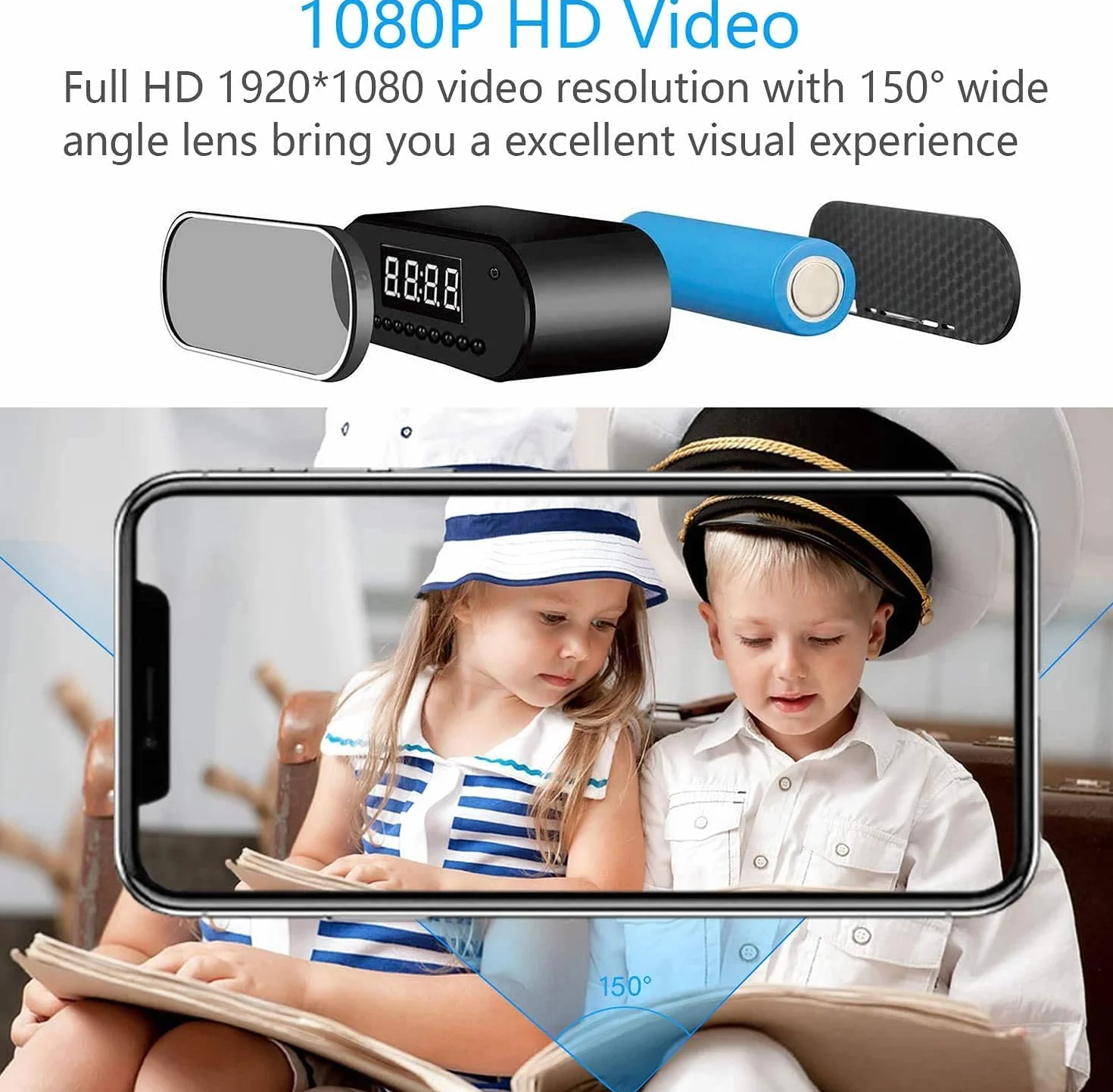 Camera Espion 1080P Mini Camera Surveillance WiFi -Interieur 150° HorlogeCaméra Cachée Espion a Distance Discrete Supportant la Vision Nocturne et la Détection de Mouvement (Noir)