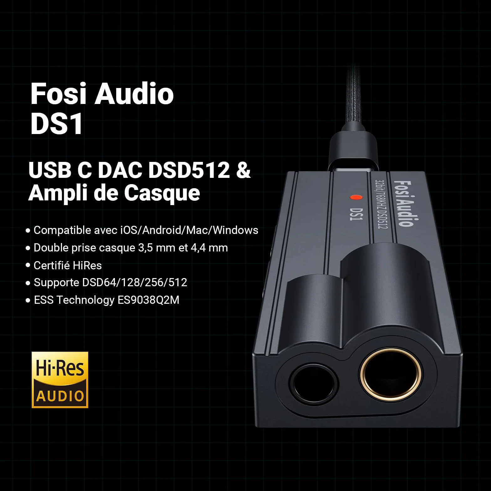 Fosi Audio DS1 Ampli Casque, Puce DSD512, Mini Amplificateur Audio, Dac Audio HiFi, USB C DAC ES9038Q2M, Prend en Charge 32 bits/768 kHz avec Double Sortie Casque 4,4 mm et 3,5 mm, pour Casque