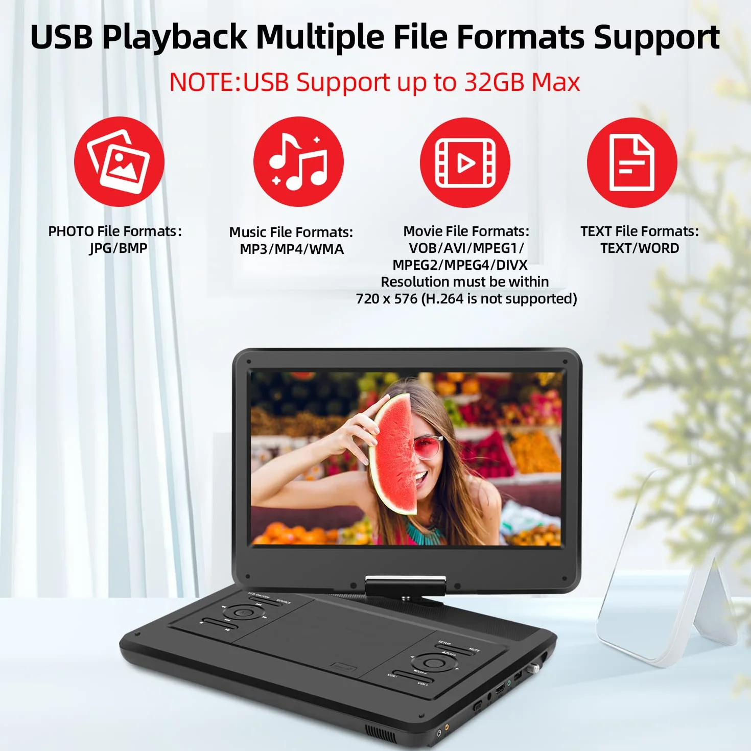 KCR 14 Pouces TV Portable/Lecteur DVD Combo avec écran LED Rotatif HD et Tuner TV DVB-T2 numérique/USB/HDMI/AV/Audio, Batterie intégrée, Double Haut-Parleur stéréo