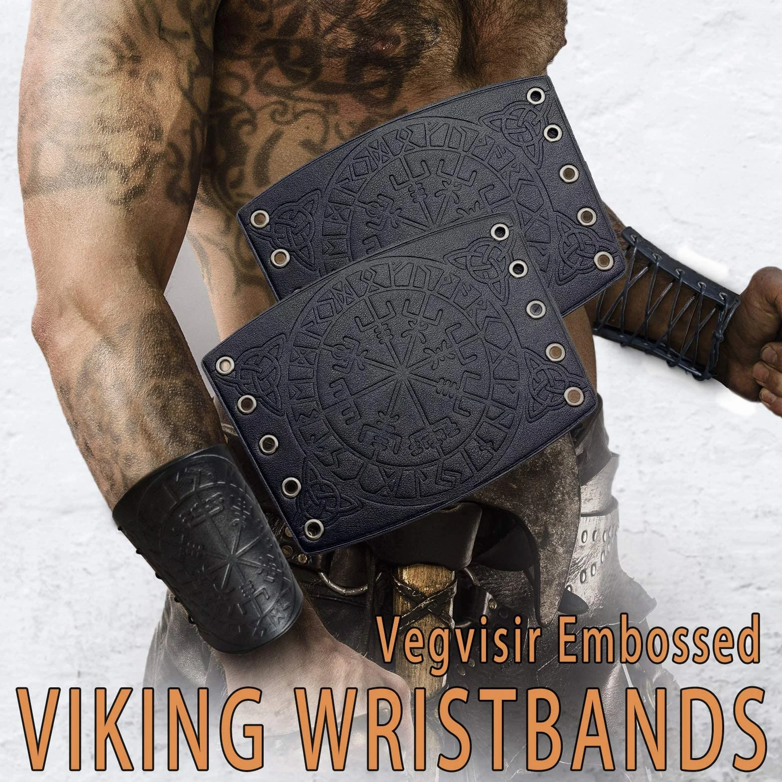 Bracelet de gantelet en Cuir Pleine Fleur Fait à la Main, Bijou Viking avec Boussole runique