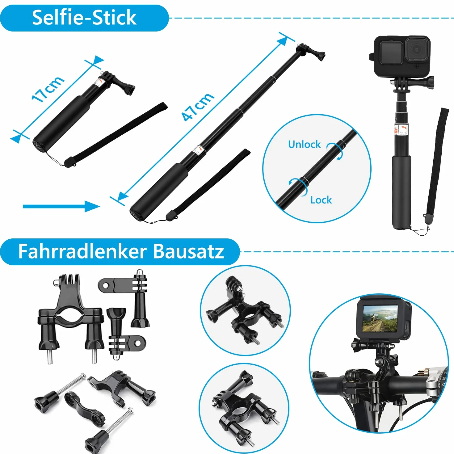Kit d' Accessoires pour GoPro Hero 12 11 10 9 Black, oGoDeal Caméra d'action Comprenant boitier étanche, Protection D'écran, Un Support de vélo, Poignée Flottante