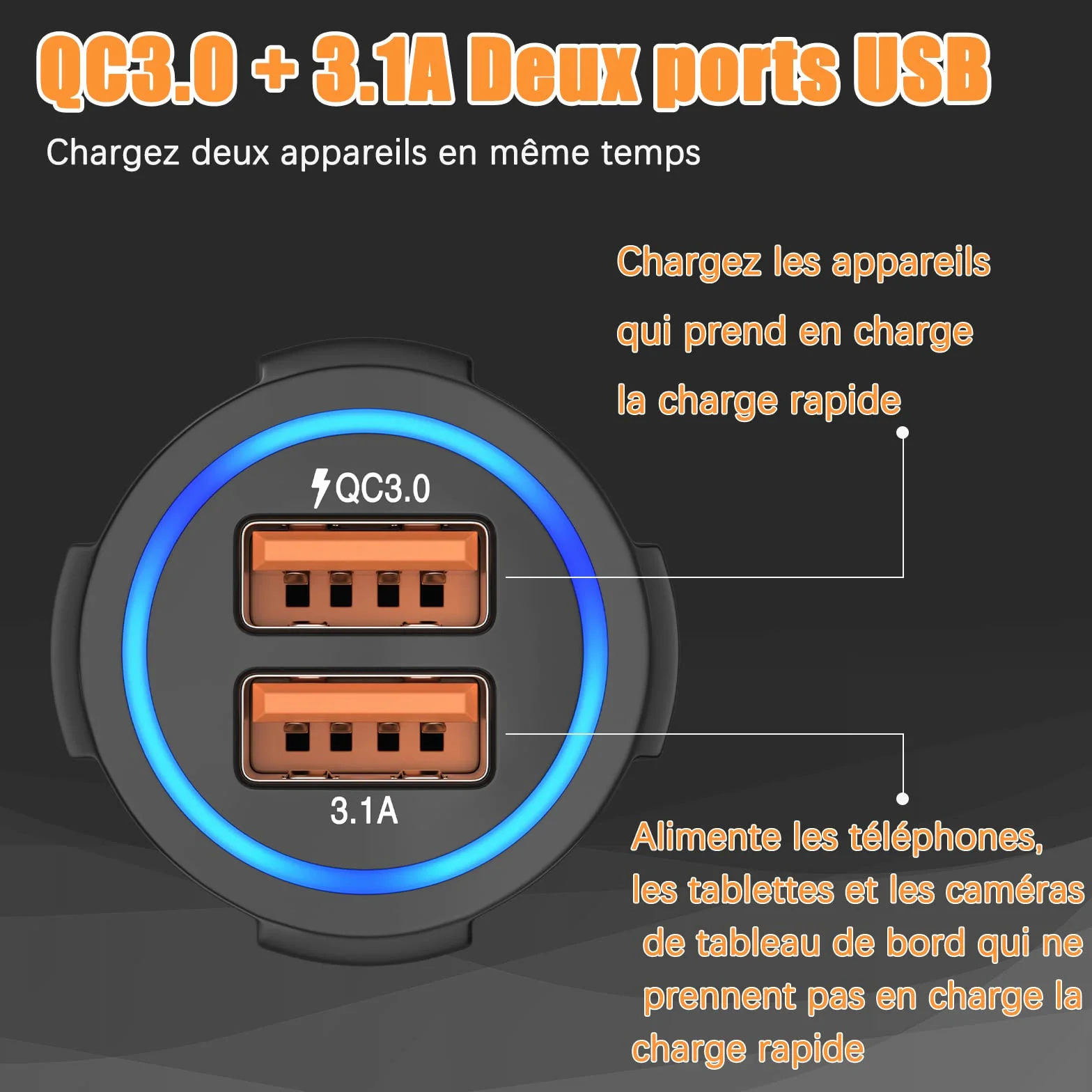 Hoppac Chargeur de Voiture USB, 2 Ports, Quick Charge 3.0 Allume-Cigare Compatible avec iPhone, iPad Samsung Galaxy S10/S9/S8, Huawei, Xiaomi Noir